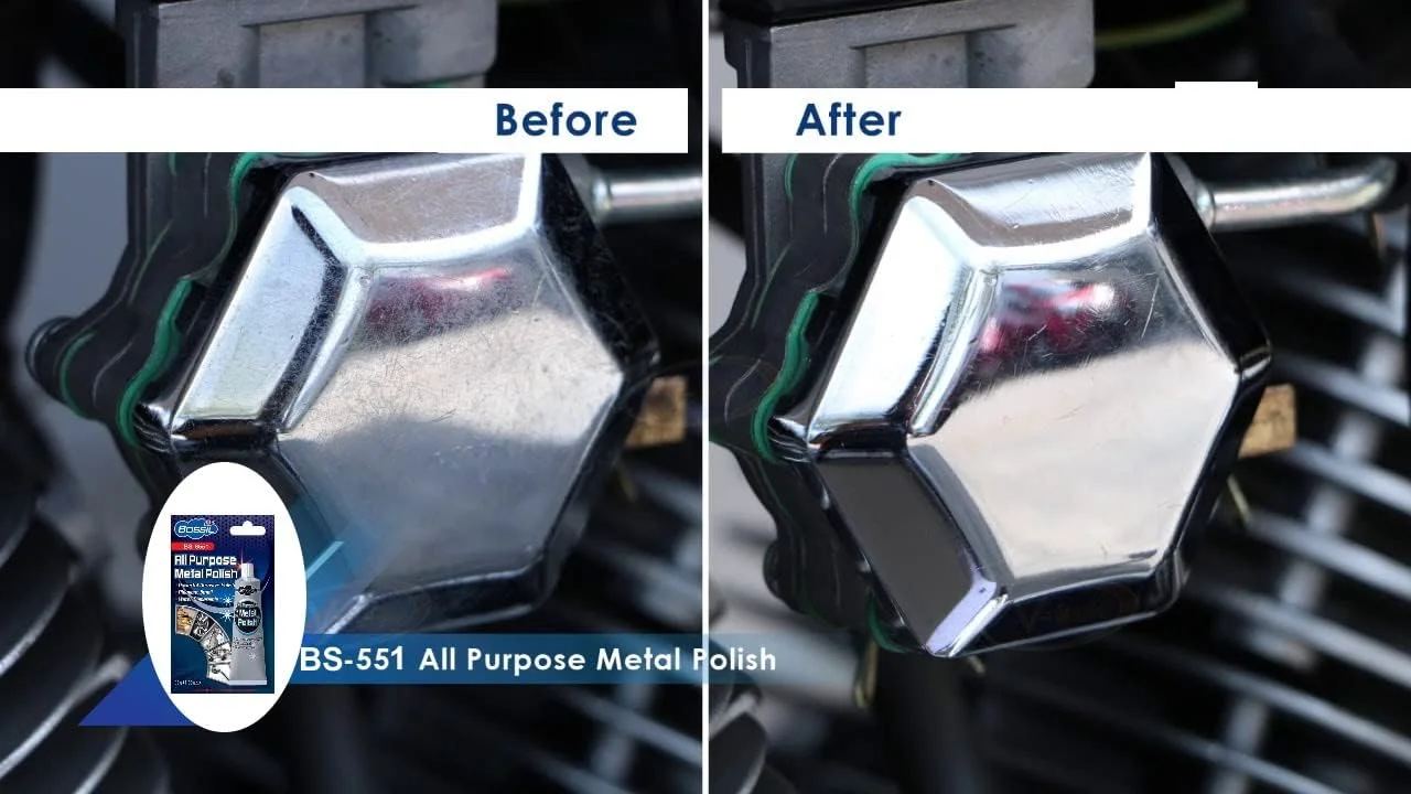 پولیش فلزات همه منظوره Bossil، تمیز کننده و براق کننده سطوح فلزی کروم، آلومینیوم، استیل ضد زنگ، مس، برنج و غیره. BS - 8551