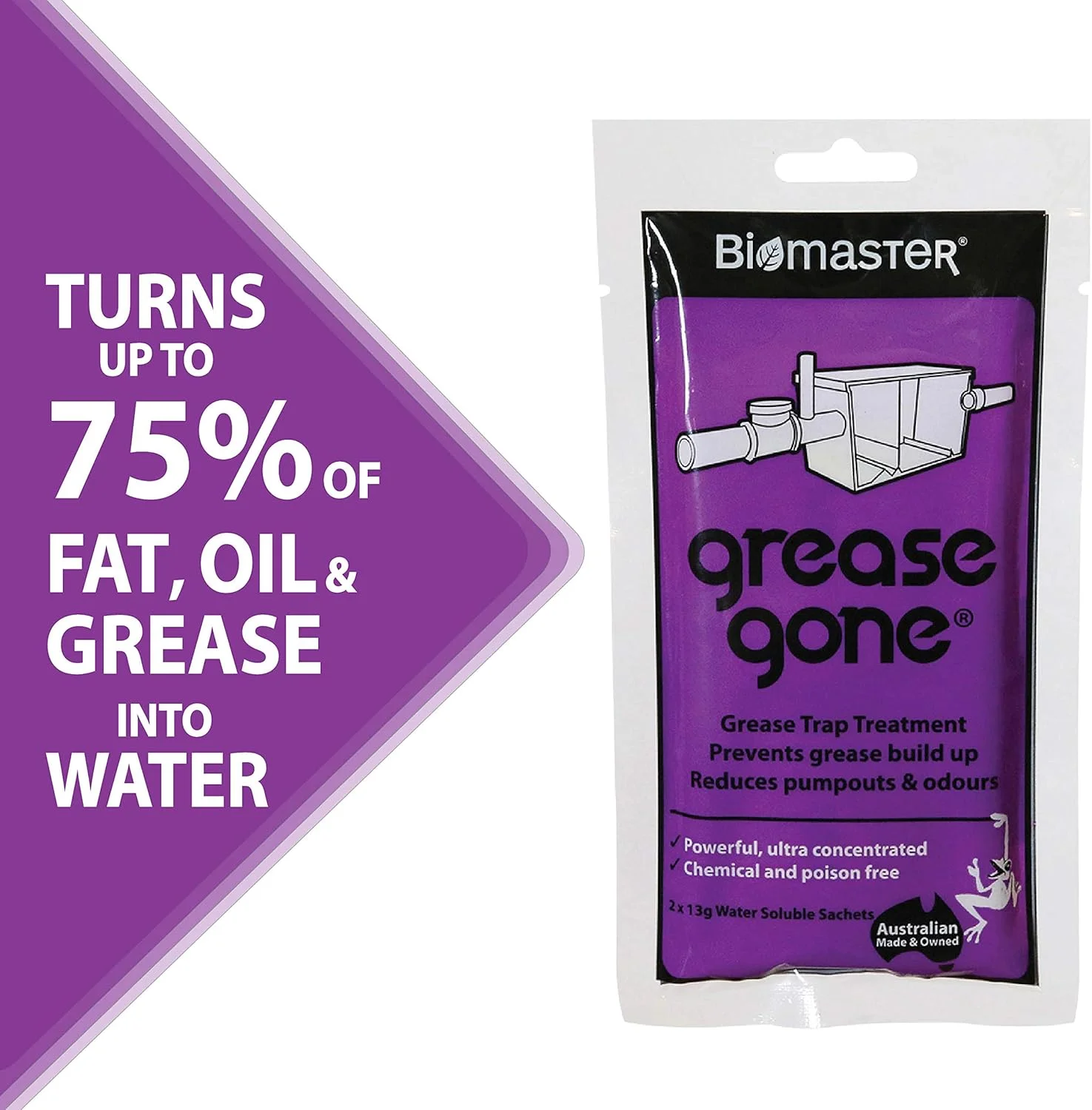 محلول پاک کننده چربی تله چربی Biomaster Grease Gone، چربی، روغن و گریس را به آب تبدیل می کند، بوها و تخلیه های پمپ را کاهش می دهد (2 ساشه محلول)
