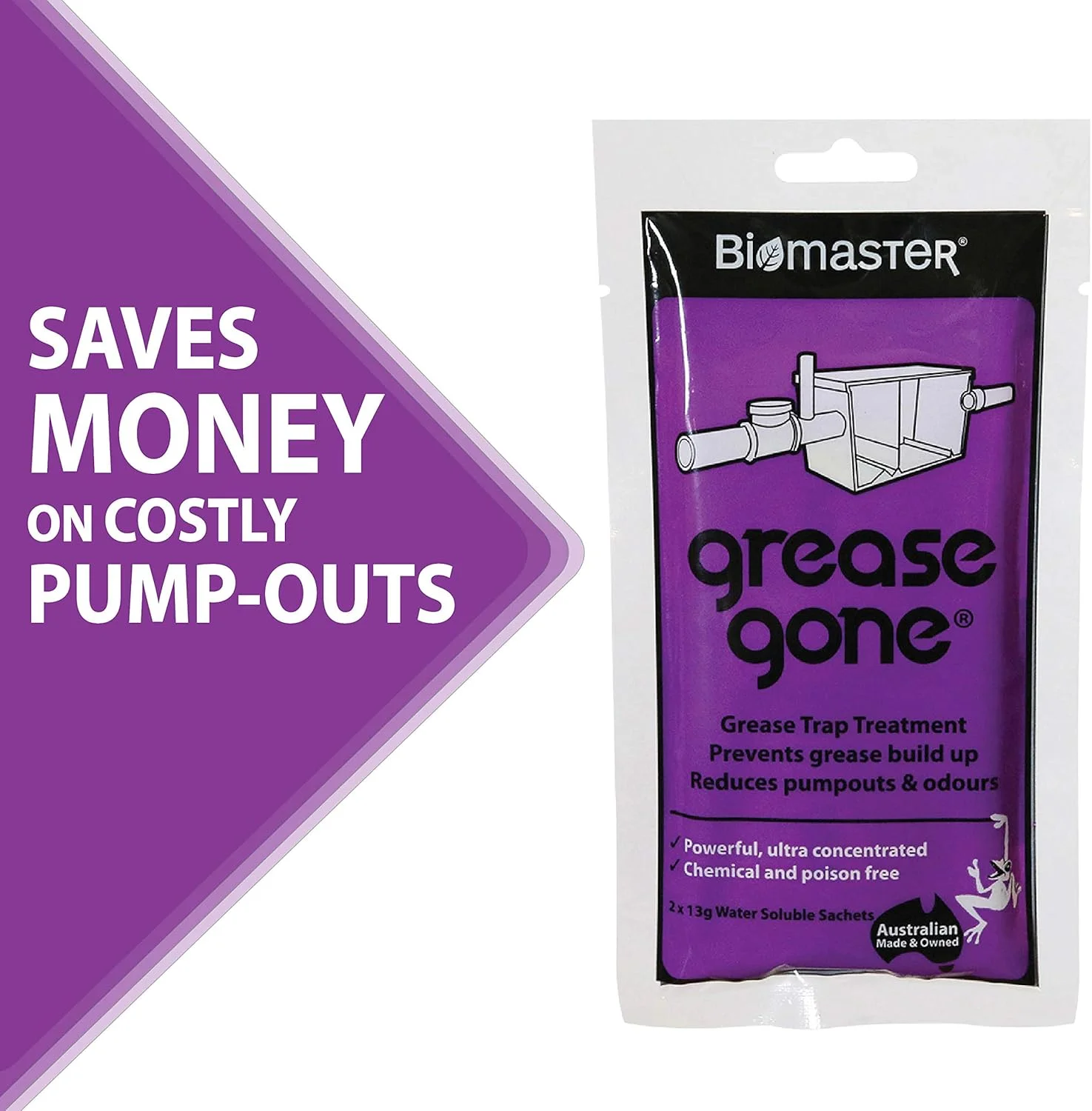 محلول پاک کننده چربی تله چربی Biomaster Grease Gone، چربی، روغن و گریس را به آب تبدیل می کند، بوها و تخلیه های پمپ را کاهش می دهد (2 ساشه محلول)