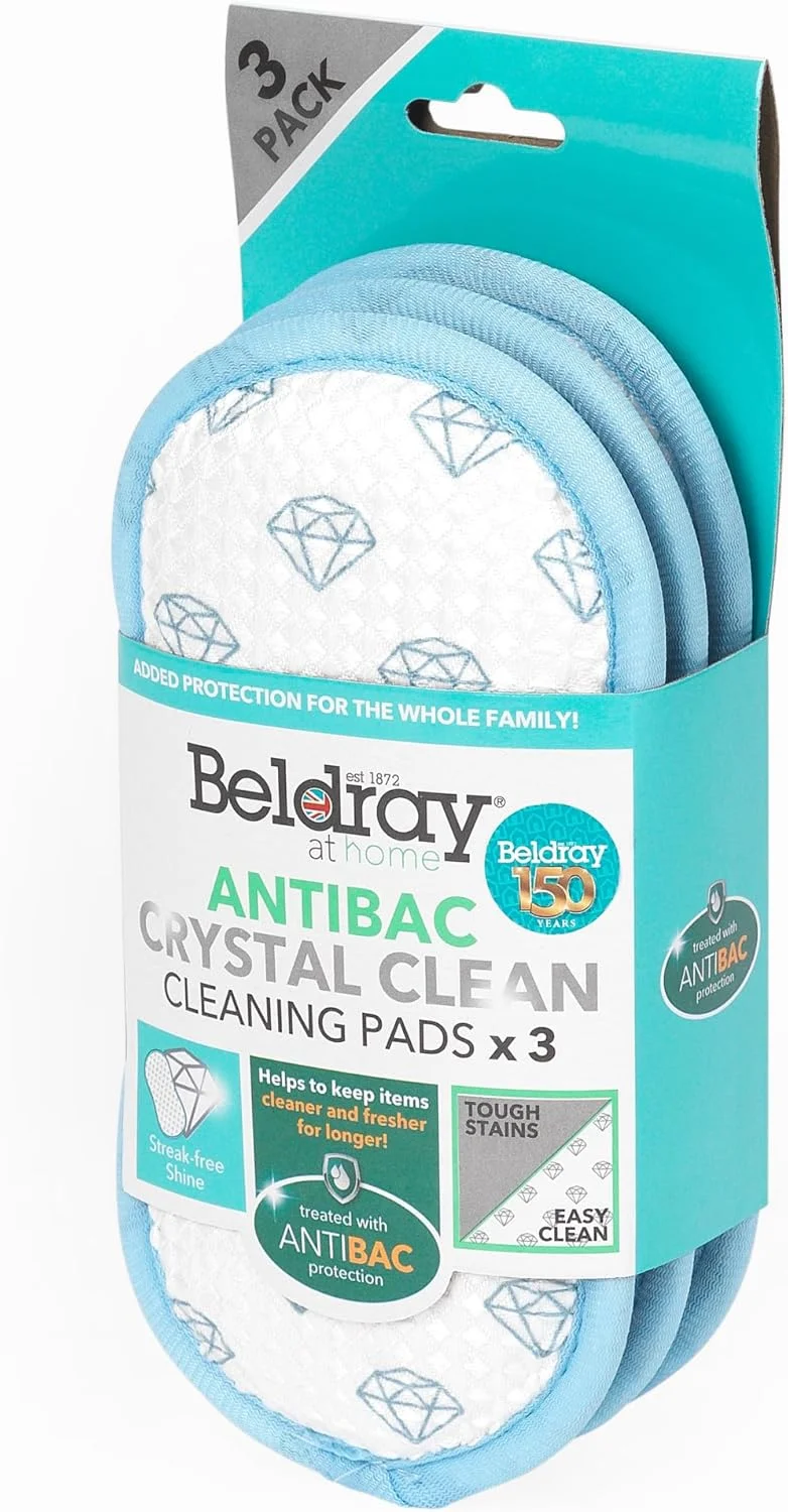 پدهای تمیز کننده آنتی باکتریال Beldray LA086372UFEU7 - بسته 3 عددی پدهای اسکراب کریستال کلین، درخشش بدون لکه، آنتی باکتریال برای تمیز و تازه نگه داشتن طولانی تر وسایل، از بین بردن لکه های سخت از قابلمه، تابه و لیوان