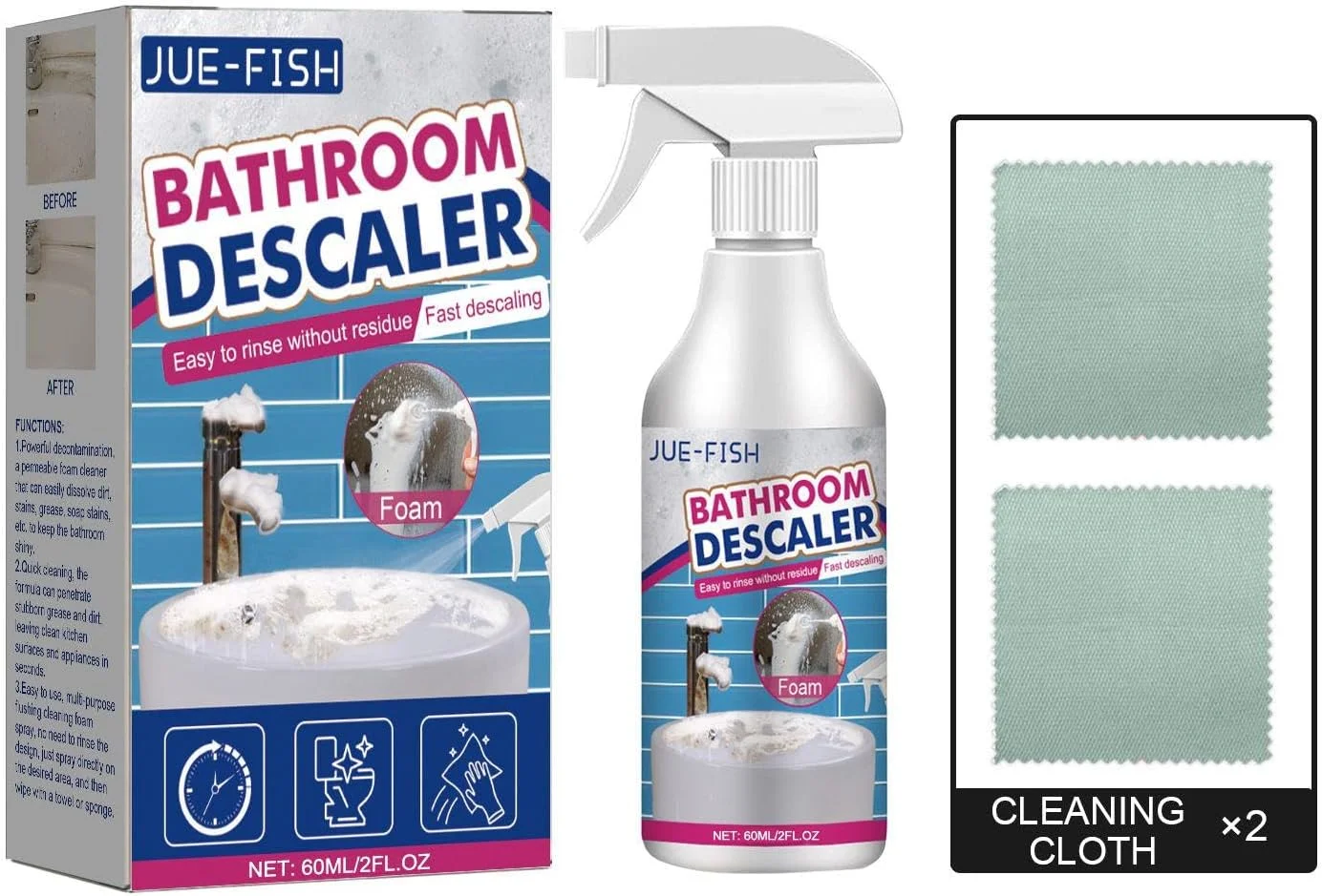 اسپری رسوب زدای حمام برای کاشی، وان، سینک و شیشه، پاک کننده فوم چند منظوره بدون نیاز به آبکشی برای لکه های سرسخت، پاک کننده ملایم برای حمام و آشپزخانه (60 میلی لیتر)