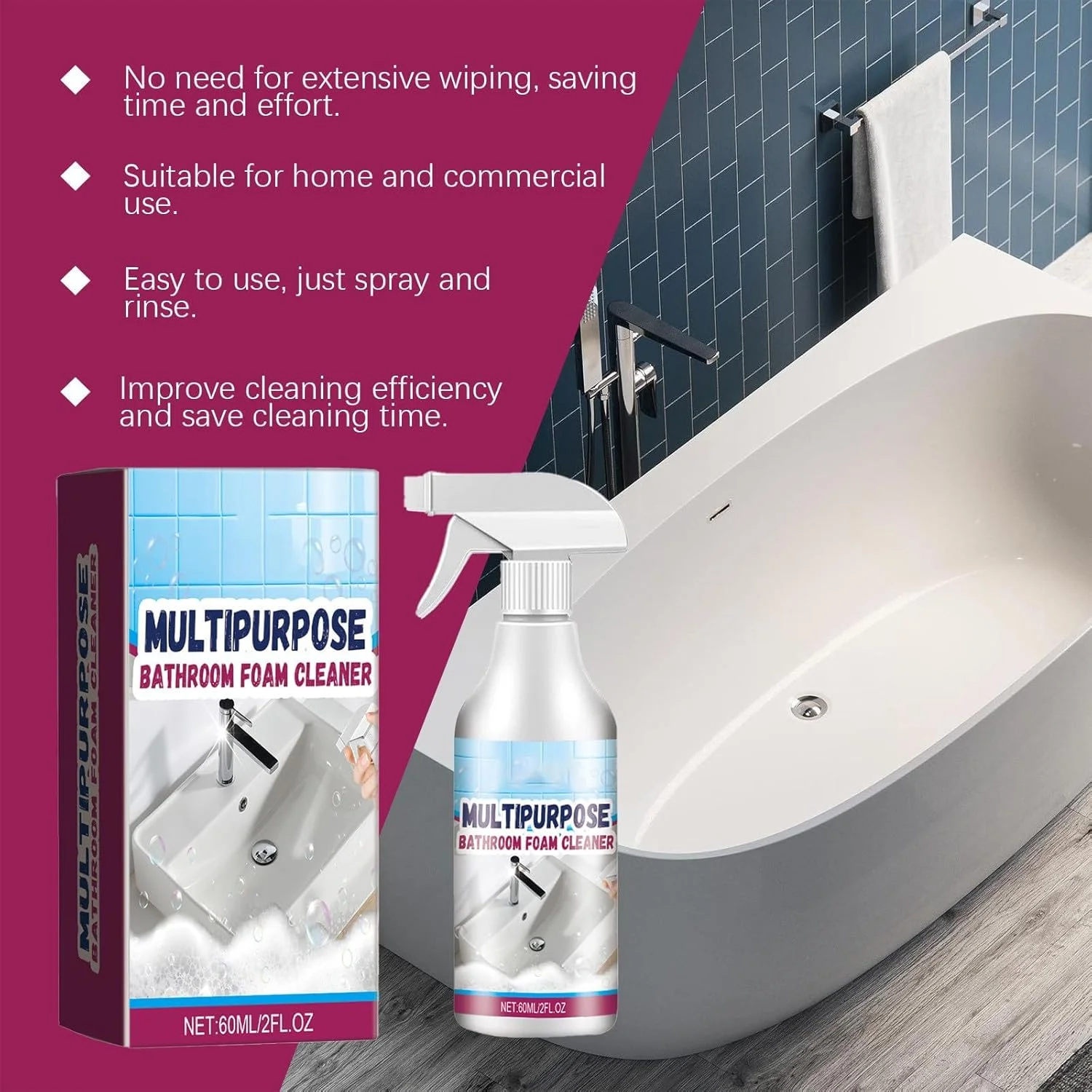 محلول رسوب زدای 60 میلی لیتری حمام، اسپری پاک کننده قوی برای توالت، دیوار، سینک، وان و کاشی حمام برای جلوگیری از رسوبات جدید آهکی محلول رسوب زدای 60 میلی لیتری حمام، اسپری پاک کننده قوی برای توالت، دیوار، سینک، وان و کاشی حمام برای جلوگیری از رسوبات جدید آهکی