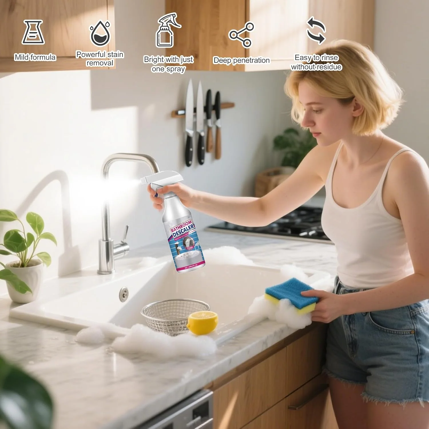 اسپری رسوب زدای حمام - پاک کننده فوم لکه بر 60 میلی لیتری حمام - اسپری تمیز کننده آشپزخانه برای دوش، وان، رستوران، چینی، شیشه، کاشی، دوغاب آهک