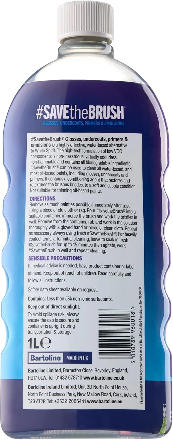 مایع شستشوی برس بارتولین Save the Brush® مناسب رنگ‌های روغنی، آستری، زیر رنگ و امولسیون 1 لیتری – جایگزین سازگار با محیط زیست برای وایت اسپریت، تمیز کننده سریع برس – تجزیه پذیر