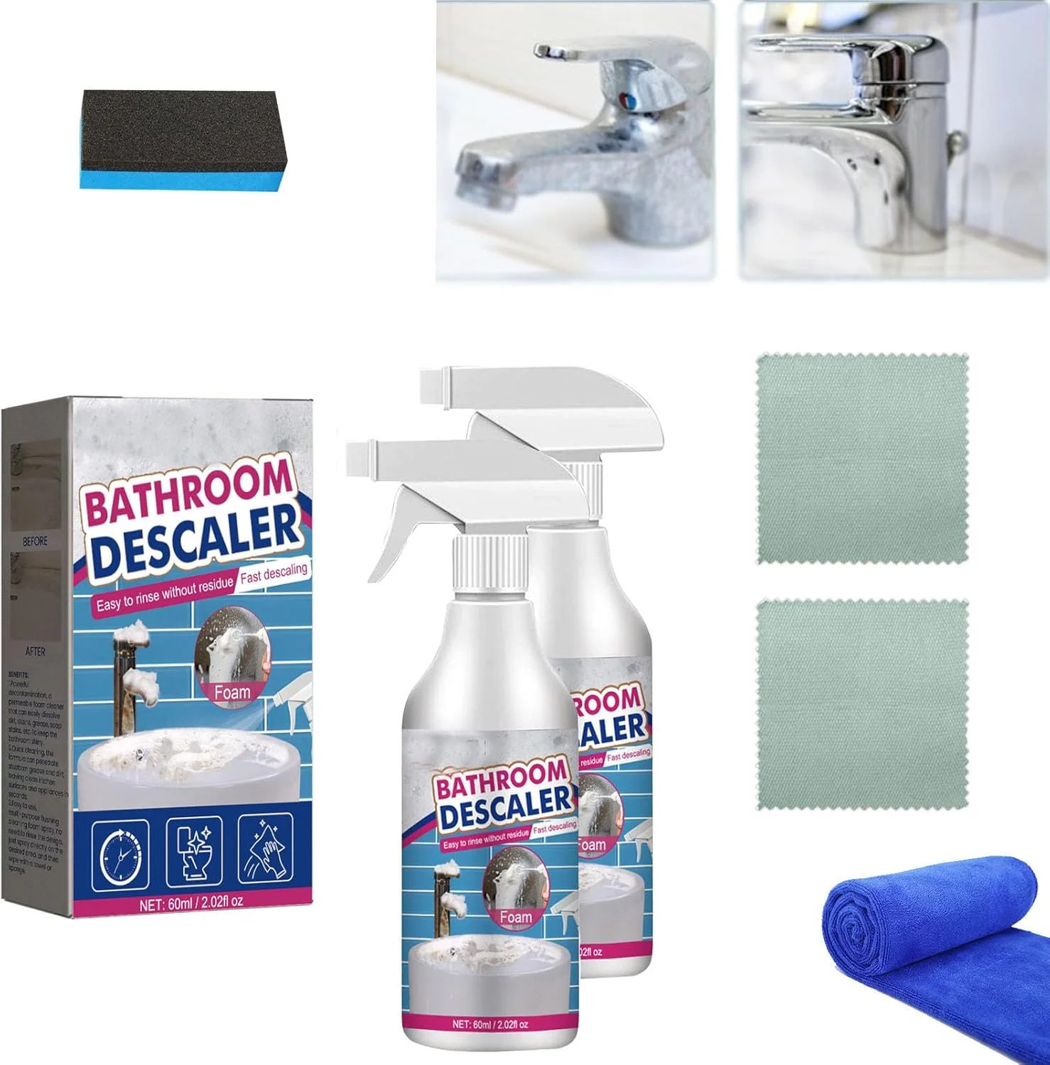 فوم پاک کننده Acssart، فوم پاک کننده رسوب زدای حمام، فوم پاک کننده حمام Acssart برای اسپری تمیز کننده بدون نیاز به آبکشی، رسوب زدای حمام Acssart با لوازم جانبی تمیز کننده، فوم پاک کننده چند منظوره (2 عدد)