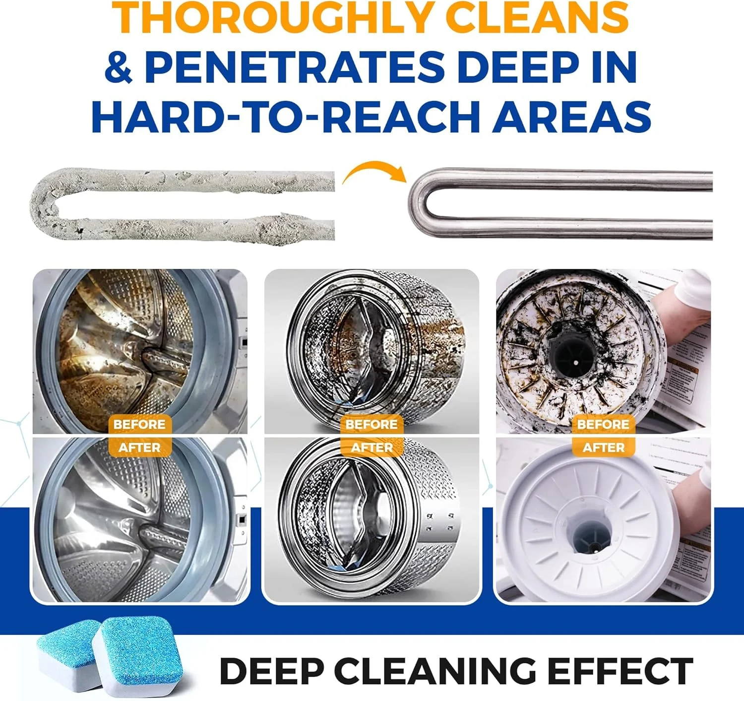 قرص پاک کننده، خوشبو کننده و رسوب زدای ماشین لباسشویی باستین - بسته 6 عددی - قرص های تمیز کننده عمیق فعال برای ماشین لباسشویی درب از جلو و درب از بالا، سازگار با محیط زیست و سپتیک - تامین 3 ماهه