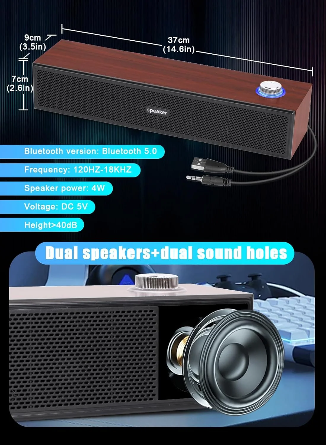 اسپیکر کامپیوتر Homarket، اسپیکر دیجیتال چند رسانه ای چوبی، اسپیکر های کامپیوتر USB با AUX 3.5 میلی متری، اسپیکر ساندبار کامپیوتر قابل حمل با صدای فراگیر برای لپ تاپ رومیزی