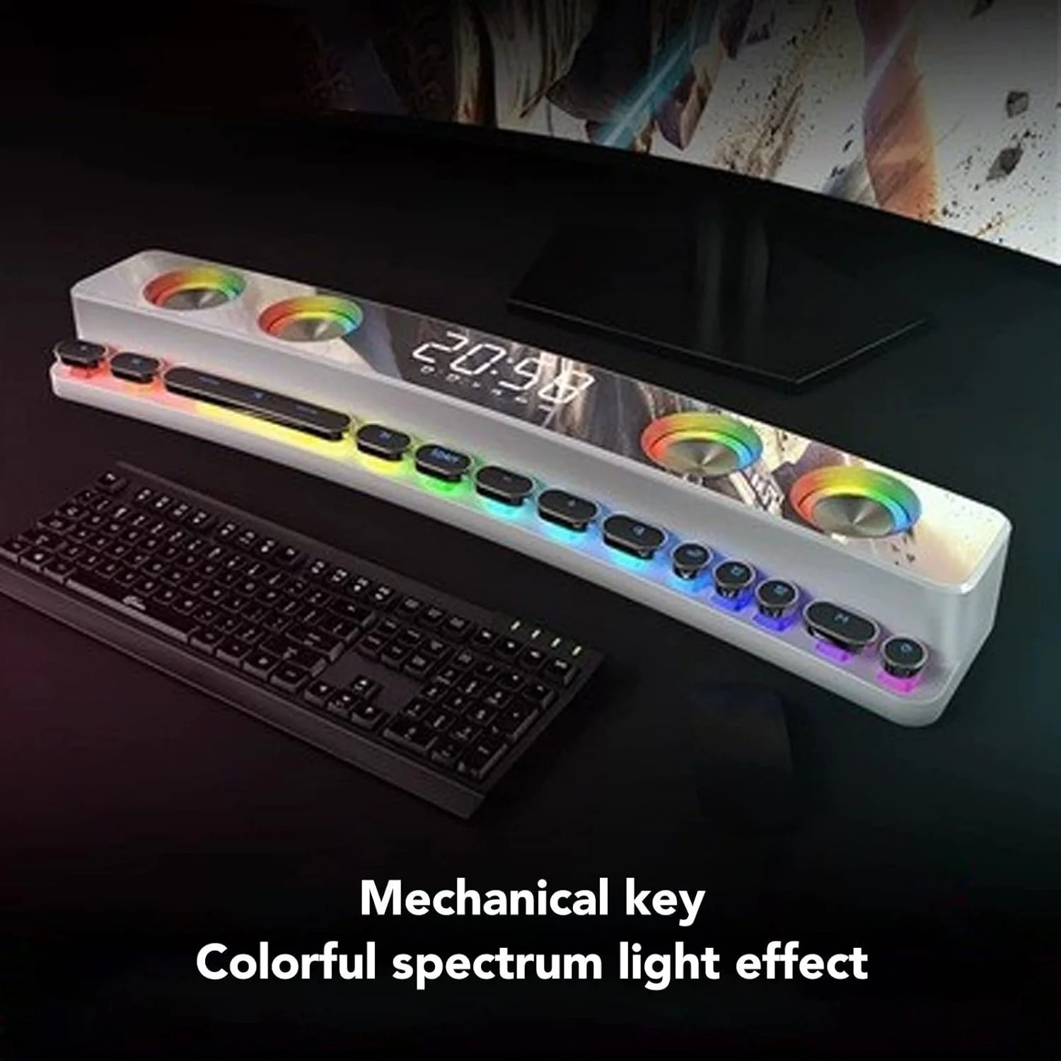 اسپیکر کامپیوتر Goshyda، ساندبار استریو HiFi بی سیم بلوتوثی، اسپیکر گیمینگ RGB پویا با کلیدهای مکانیکی و آلارم دوگانه، برای لپ تاپ رومیزی و پروژکتور (مشکی)