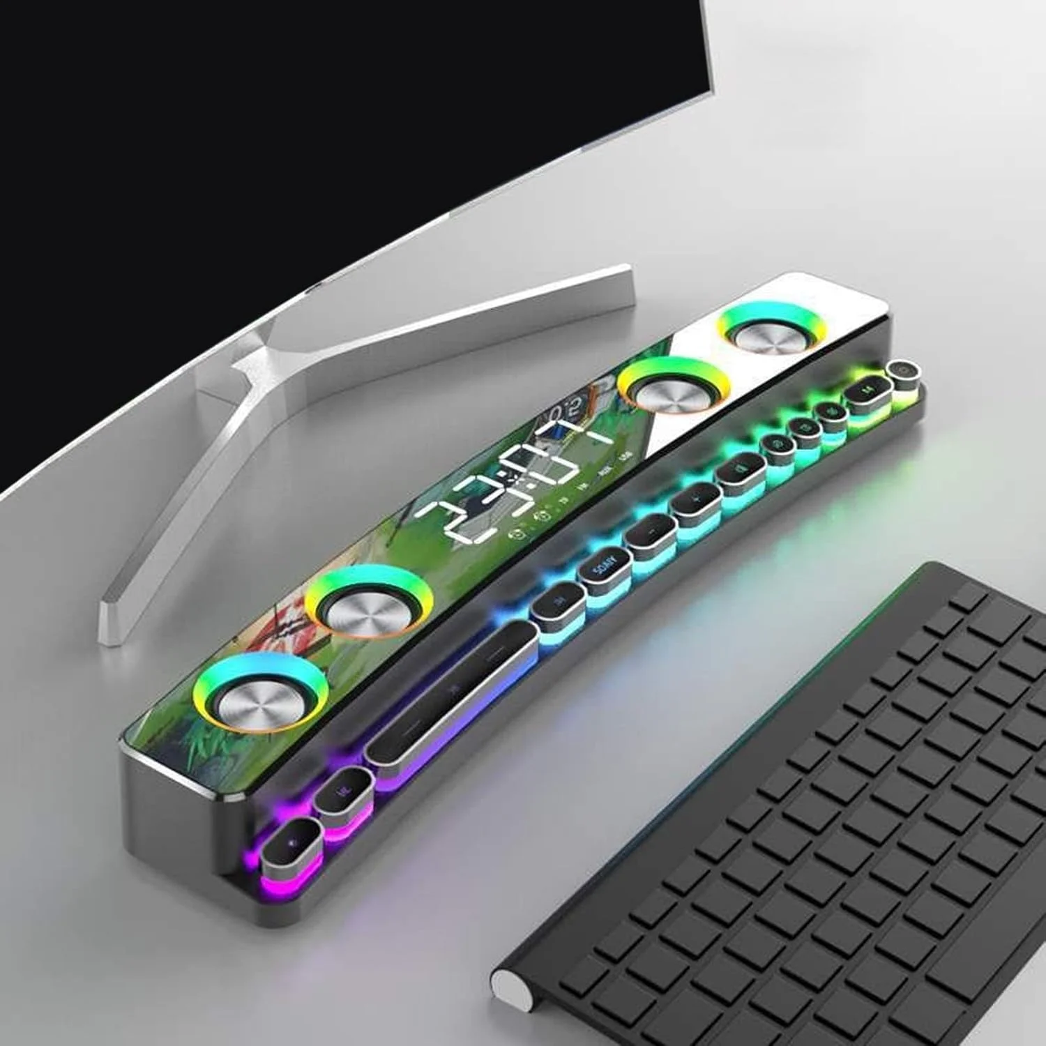 اسپیکر کامپیوتر Goshyda، ساندبار استریو HiFi بی سیم بلوتوثی، اسپیکر گیمینگ RGB پویا با کلیدهای مکانیکی و آلارم دوگانه، برای لپ تاپ رومیزی و پروژکتور (مشکی)