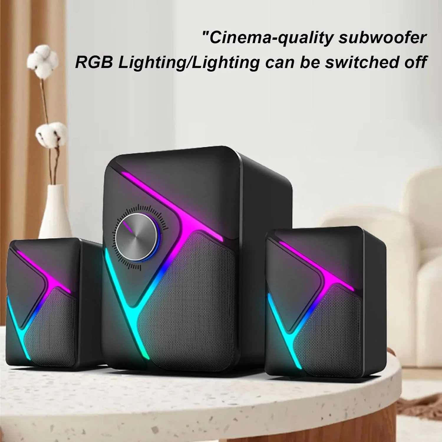 اسپیکر کامپیوتر 2.1 گوشیدا، اسپیکرهای رومیزی USB با ساب ووفر، سیستم اسپیکر چند رسانه ای 2.1 سیمی با نورهای RGB، ورودی AUX، برای تلویزیون، کامپیوتر، تلفن