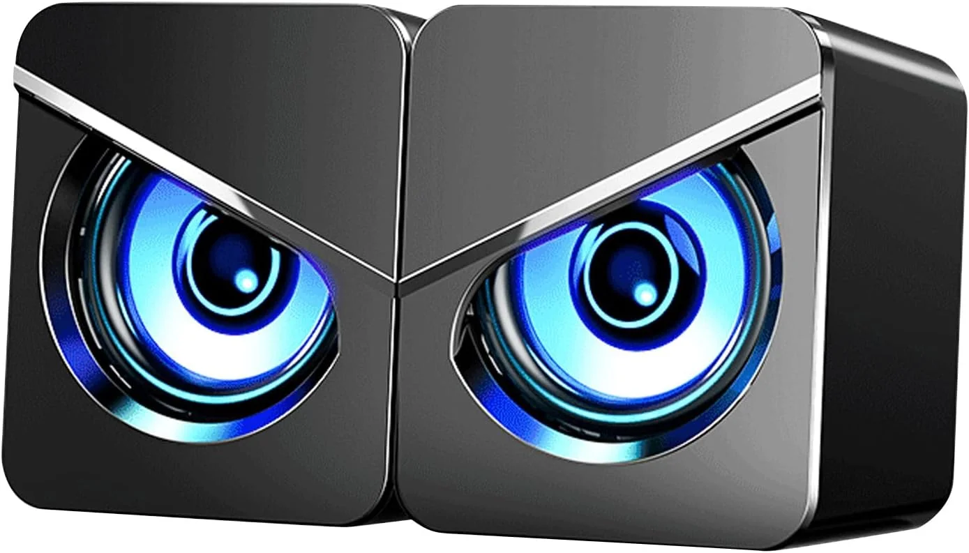 اسپیکر کامپیوتر Goshyda یک جفت، اسپیکر کامپیوتر رومیزی با تغذیه USB، صدای استریو باس 4D، اسپیکر سیمی USB، ساب ووفر کوچک خانگی با چراغ های RGB، برای اتاق بازی خانگی