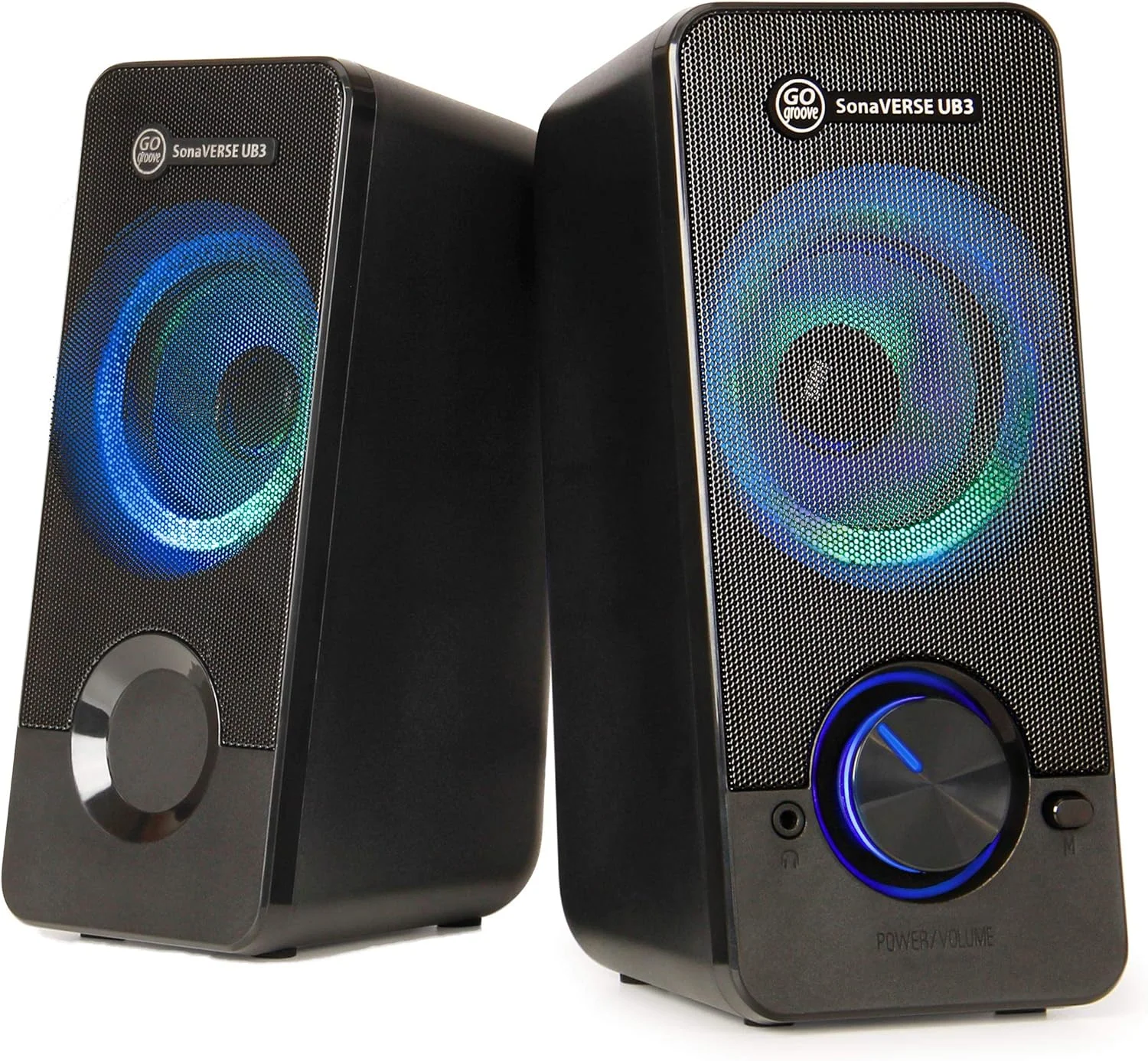 اسپیکرهای کامپیوتر LED مدل GOgroove UB3 برای کامپیوترهای رومیزی و لپ تاپ - اسپیکرهای USB با بیس بلند و واضح، درایورهای XL 2.5 اینچی برای توان 12 وات، دارای پورت های ورودی هدفون و AUX، دکمه تنظیم صدا با نور LED - مشکی