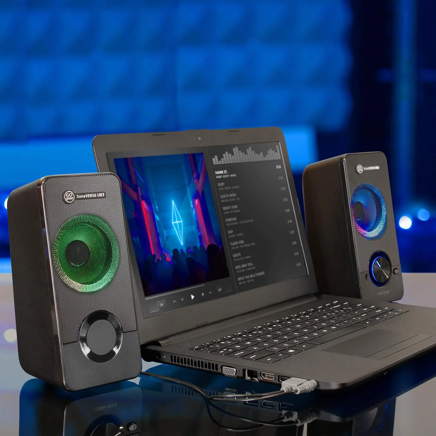 اسپیکرهای کامپیوتر LED مدل GOgroove UB3 برای کامپیوترهای رومیزی و لپ تاپ - اسپیکرهای USB با بیس بلند و واضح، درایورهای XL 2.5 اینچی برای توان 12 وات، دارای پورت های ورودی هدفون و AUX، دکمه تنظیم صدا با نور LED - مشکی