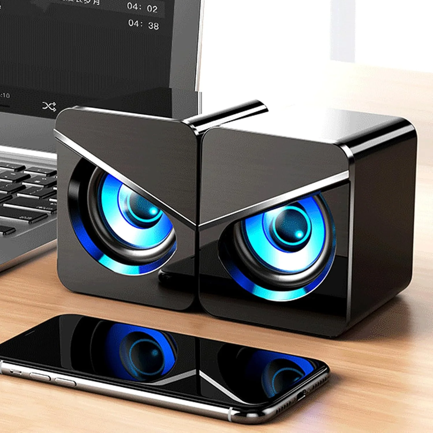 اسپیکر کامپیوتر Goshyda یک جفت، اسپیکر کامپیوتر رومیزی با تغذیه USB، صدای استریو باس 4D، اسپیکر سیمی USB، ساب ووفر کوچک خانگی با چراغ های RGB، برای اتاق بازی خانگی