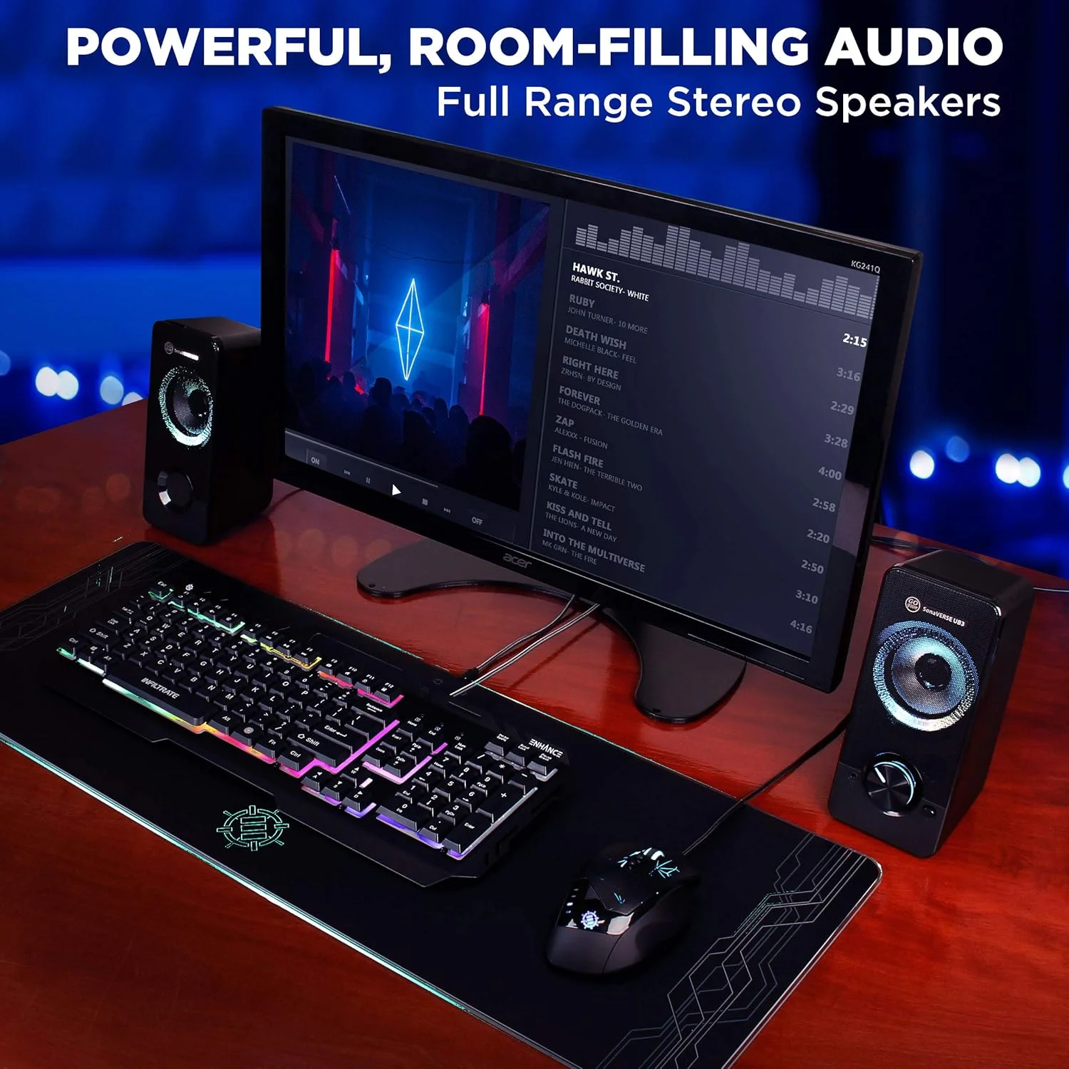 اسپیکرهای کامپیوتر LED مدل GOgroove UB3 برای کامپیوترهای رومیزی و لپ تاپ - اسپیکرهای USB با بیس بلند و واضح، درایورهای XL 2.5 اینچی برای توان 12 وات، دارای پورت های ورودی هدفون و AUX، دکمه تنظیم صدا با نور LED - مشکی