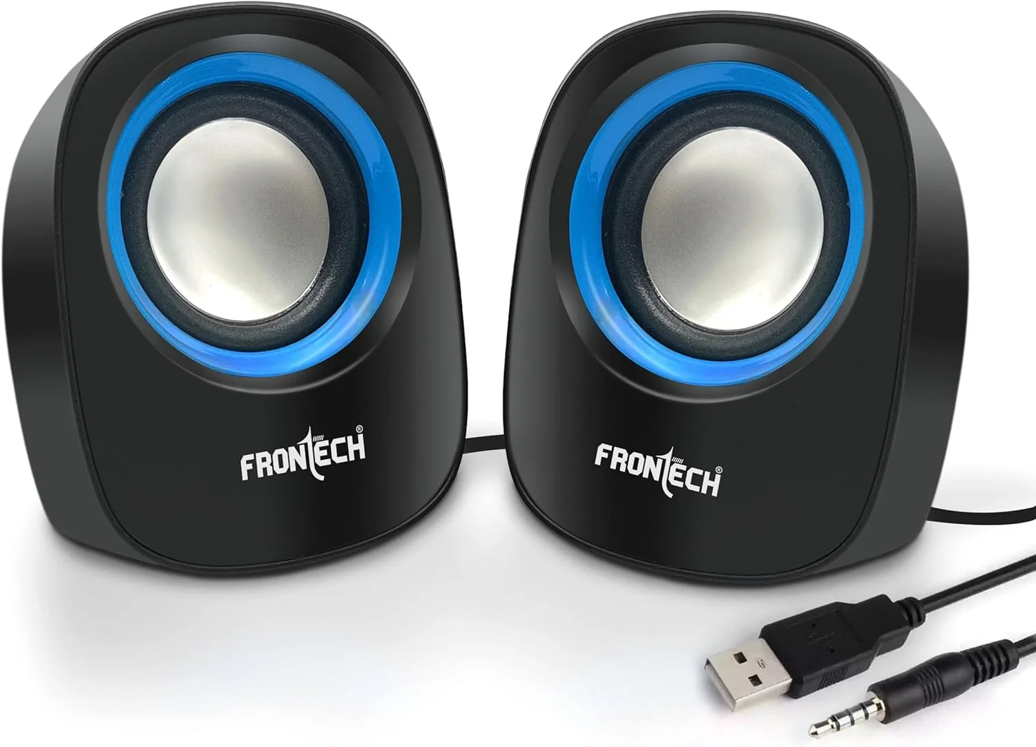 اسپیکرهای کامپیوتر USB دو کاناله FRONTECH Premium، اسپیکرهای رومیزی - خروجی 3W x 2، ورودی AUX، لبه فوم (SPK-0003) (آبی)