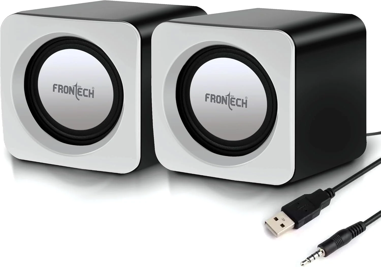 اسپیکرهای کامپیوتر FRONTECH Premium 2.0 کانال با تغذیه USB، توان خروجی 1.5W x 2، ورودی AUX و سیم دار (سفید)