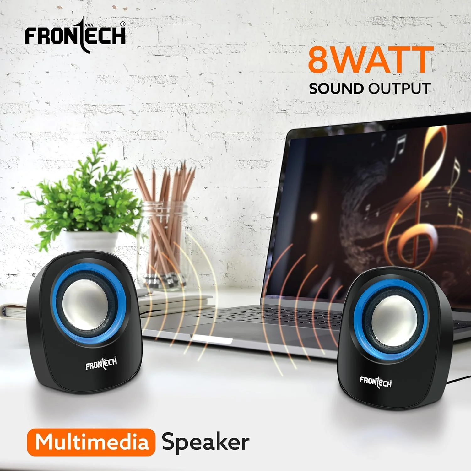اسپیکرهای کامپیوتر USB دو کاناله FRONTECH Premium، اسپیکرهای رومیزی - خروجی 3W x 2، ورودی AUX، لبه فوم (SPK-0003) (آبی)