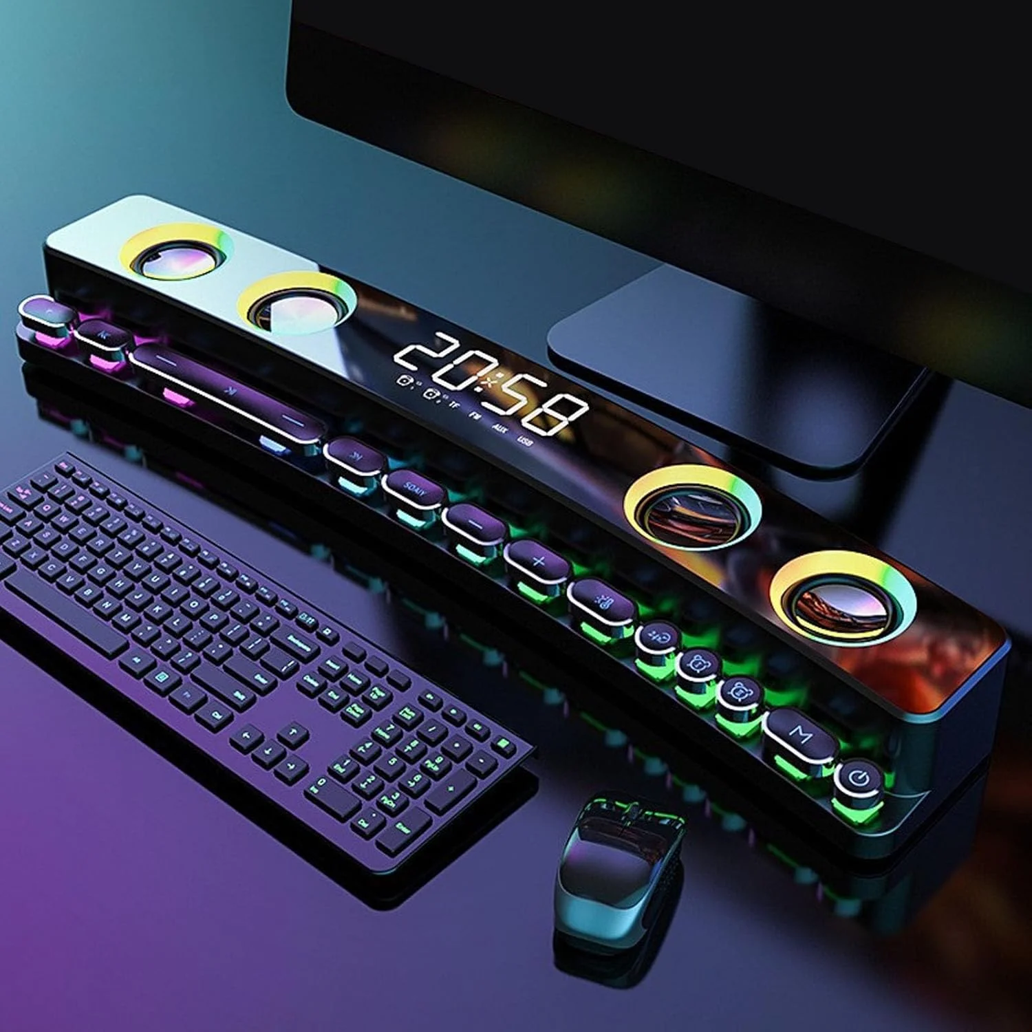 اسپیکر کامپیوتر Goshyda، ساندبار استریو HiFi بی‌سیم بلوتوثی، اسپیکر گیمینگ RGB پویا با کلیدهای مکانیکی و آلارم دوگانه، برای لپ‌تاپ، پروژکتور و کامپیوتر رومیزی (سفید)