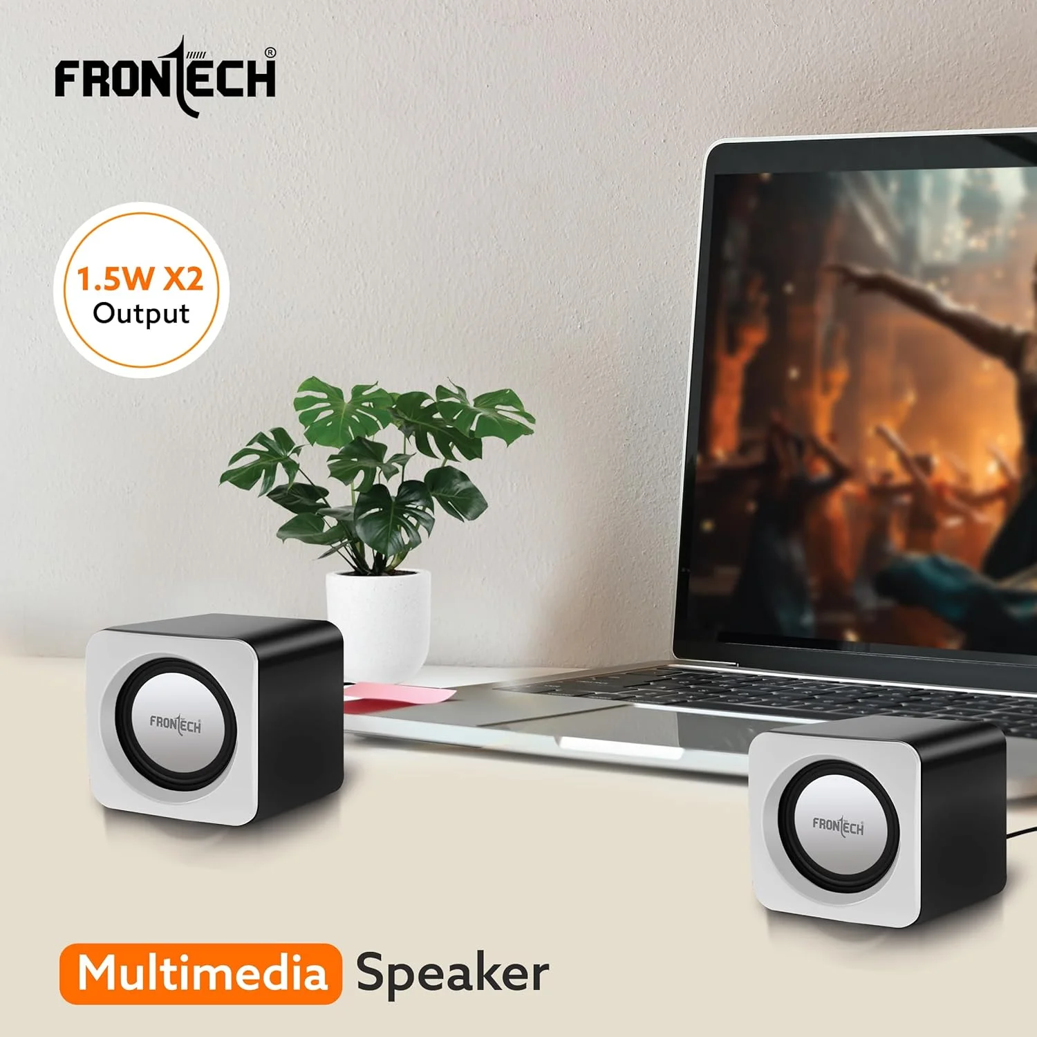 اسپیکرهای کامپیوتر FRONTECH Premium 2.0 کانال با تغذیه USB، توان خروجی 1.5W x 2، ورودی AUX و سیم دار (سفید)