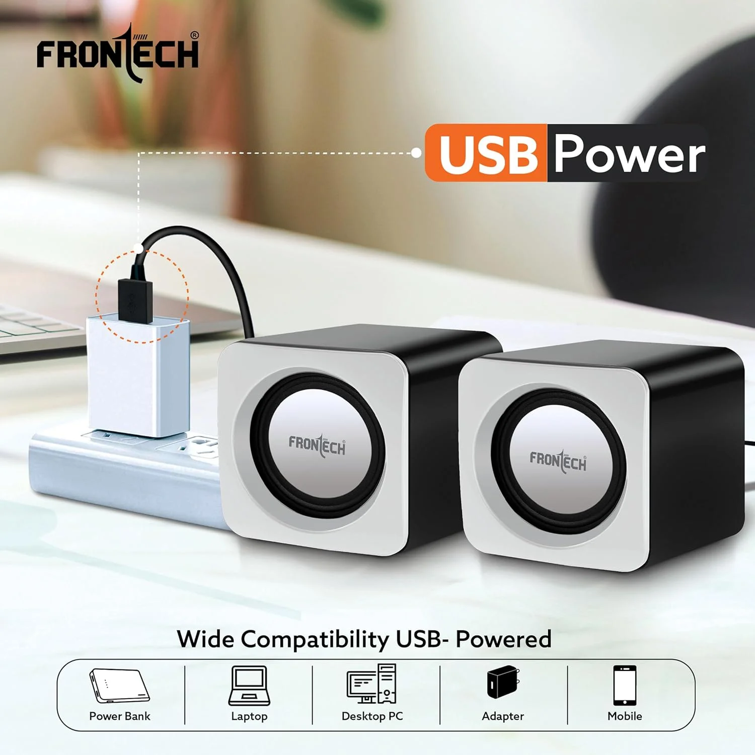 اسپیکرهای کامپیوتر FRONTECH Premium 2.0 کانال با تغذیه USB، توان خروجی 1.5W x 2، ورودی AUX و سیم دار (سفید)