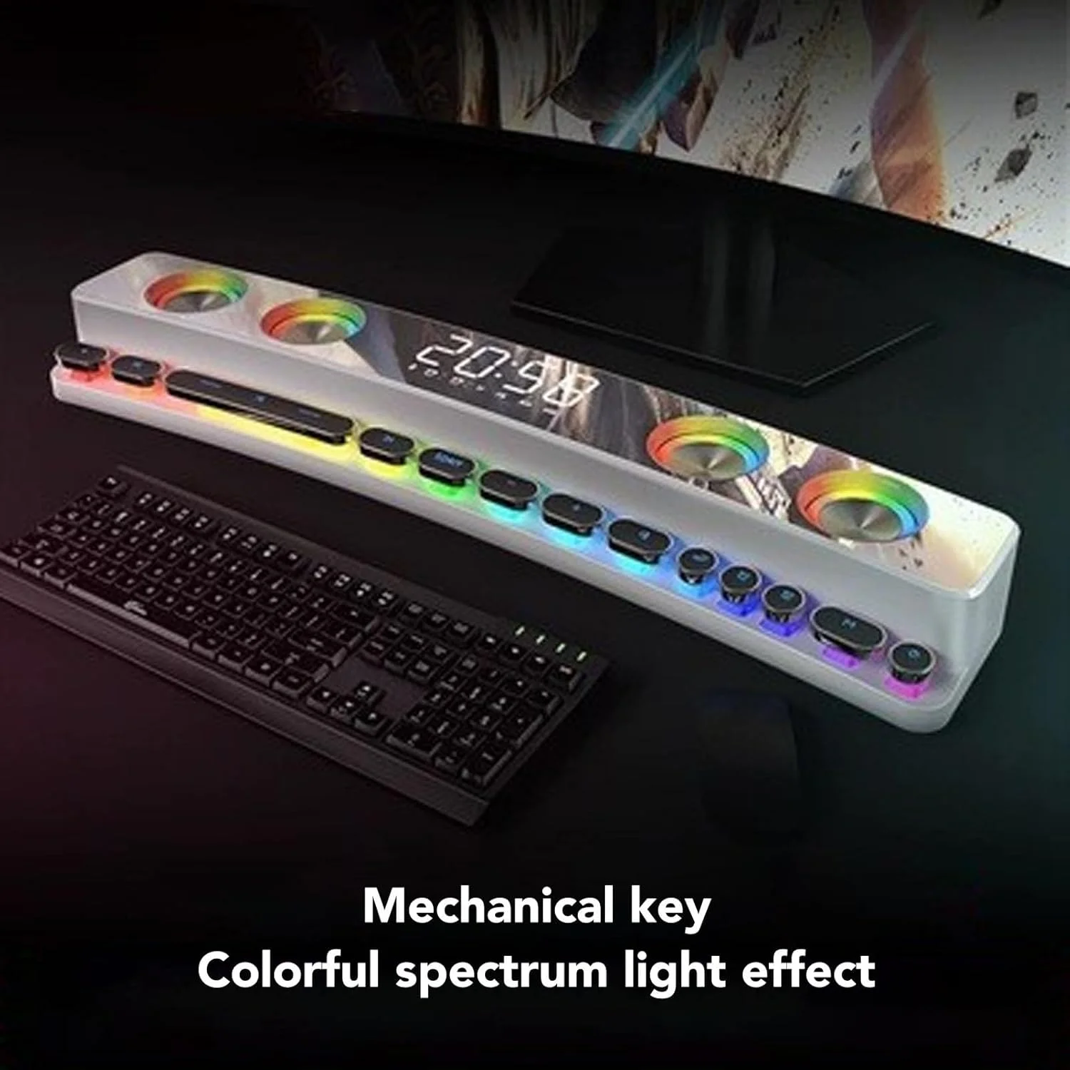 اسپیکر کامپیوتر Goshyda، ساندبار استریو HiFi بی‌سیم بلوتوثی، اسپیکر گیمینگ RGB پویا با کلیدهای مکانیکی و آلارم دوگانه، برای لپ‌تاپ، پروژکتور و کامپیوتر رومیزی (سفید)