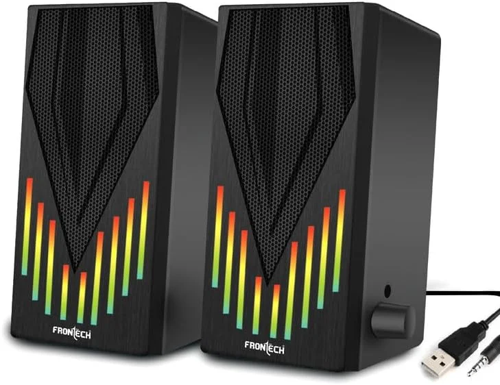 اسپیکرهای چند رسانه ای FRONTECH با نور RGB و تغذیه USB | درایورهای 2 x 3W (5.2 cm) | اتصال AUX | برای لپ تاپ، کامپیوتر، موبایل (SPK-0006, مشکی)