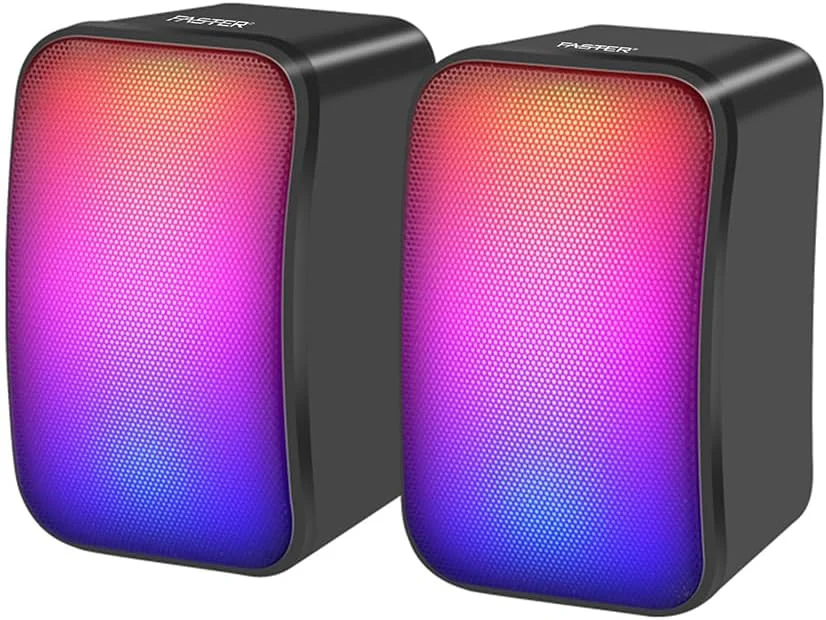 اسپیکر کامپیوتر Faster FS-71، اسپیکر گیمینگ USB با نور LED رنگارنگ - اسپیکر استریو مینی چند رسانه ای قابل حمل برای مانیتور کامپیوتر رومیزی لپ تاپ - اسپیکر برای کامپیوتر
