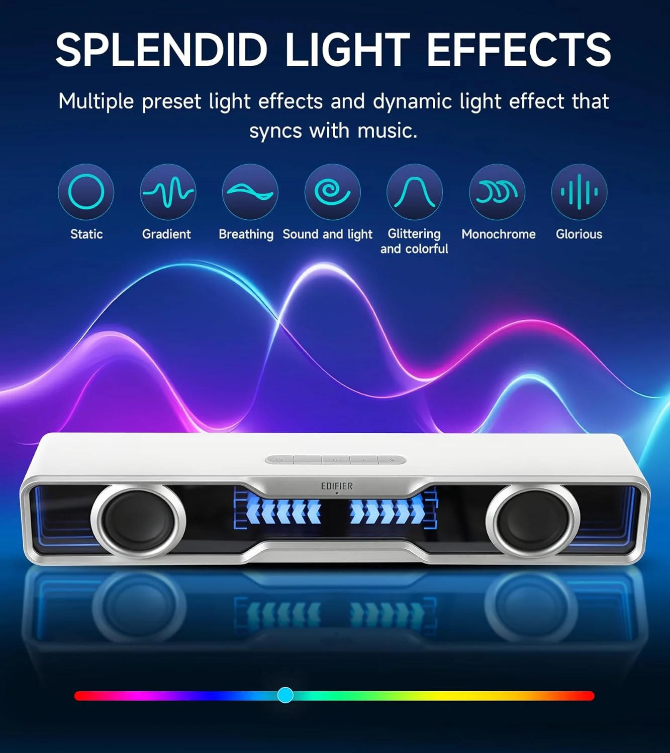 ساندبار چند رسانه ای Edifier QS30، نورپردازی پویا، بلوتوث نسخه 5.4، تقویت بیس، میکروفون داخلی، جلوه های صوتی متنوع، بلندگو با USB برای کامپیوتر رومیزی، لپ تاپ و تبلت (QS30، سفید)