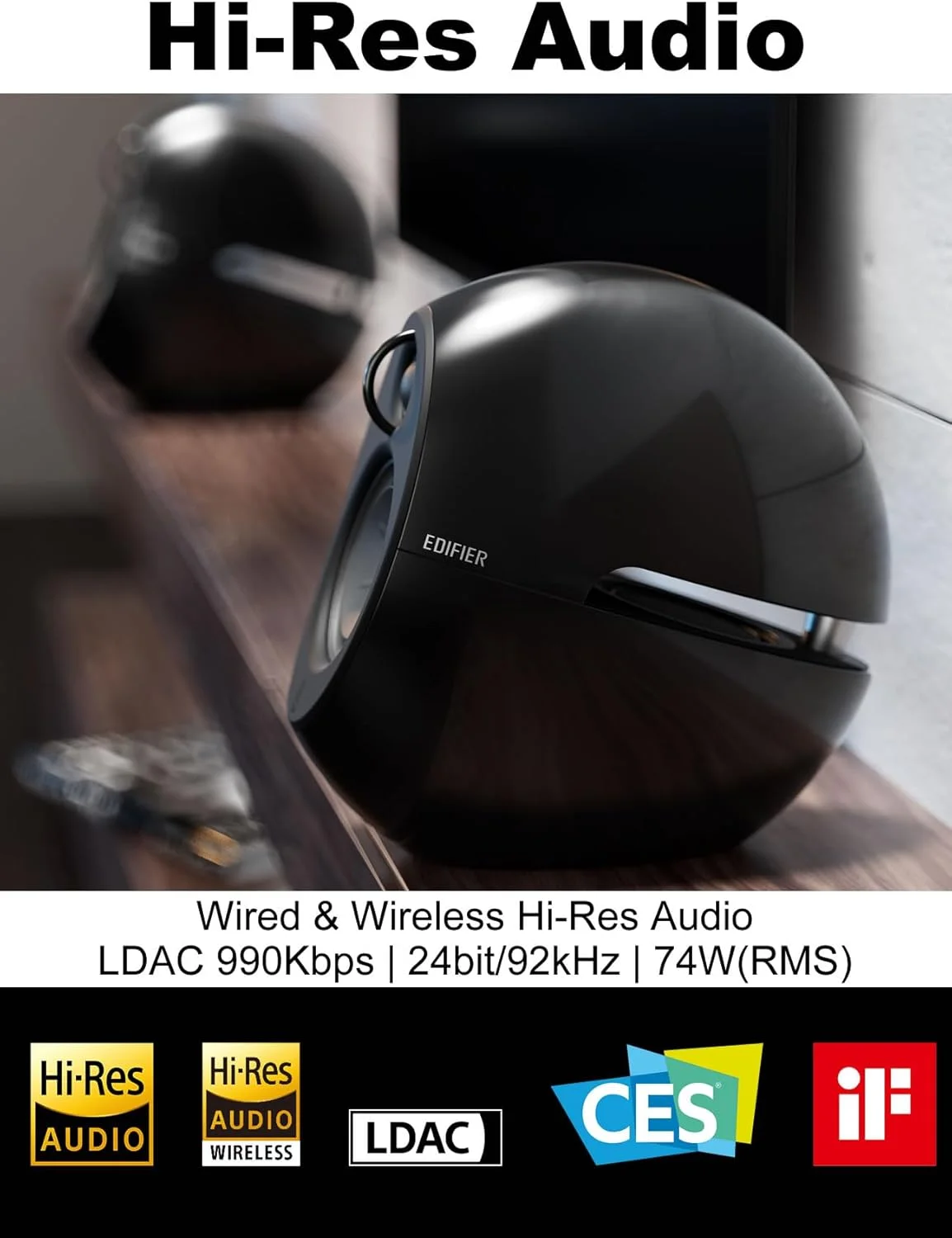 اسپیکرهای کامپیوتر Edifier e25HD با رادیاتورهای باس پسیو و بلوتوث 5.3 LDAC برای دسکتاپ - ورودی اپتیکال - اسپیکرهای قفسه کتاب Hi-Res با توان 74 وات با سیم 24 بیت/96 کیلوهرتز و بی سیم 990 کیلوبیت بر ثانیه مشکی