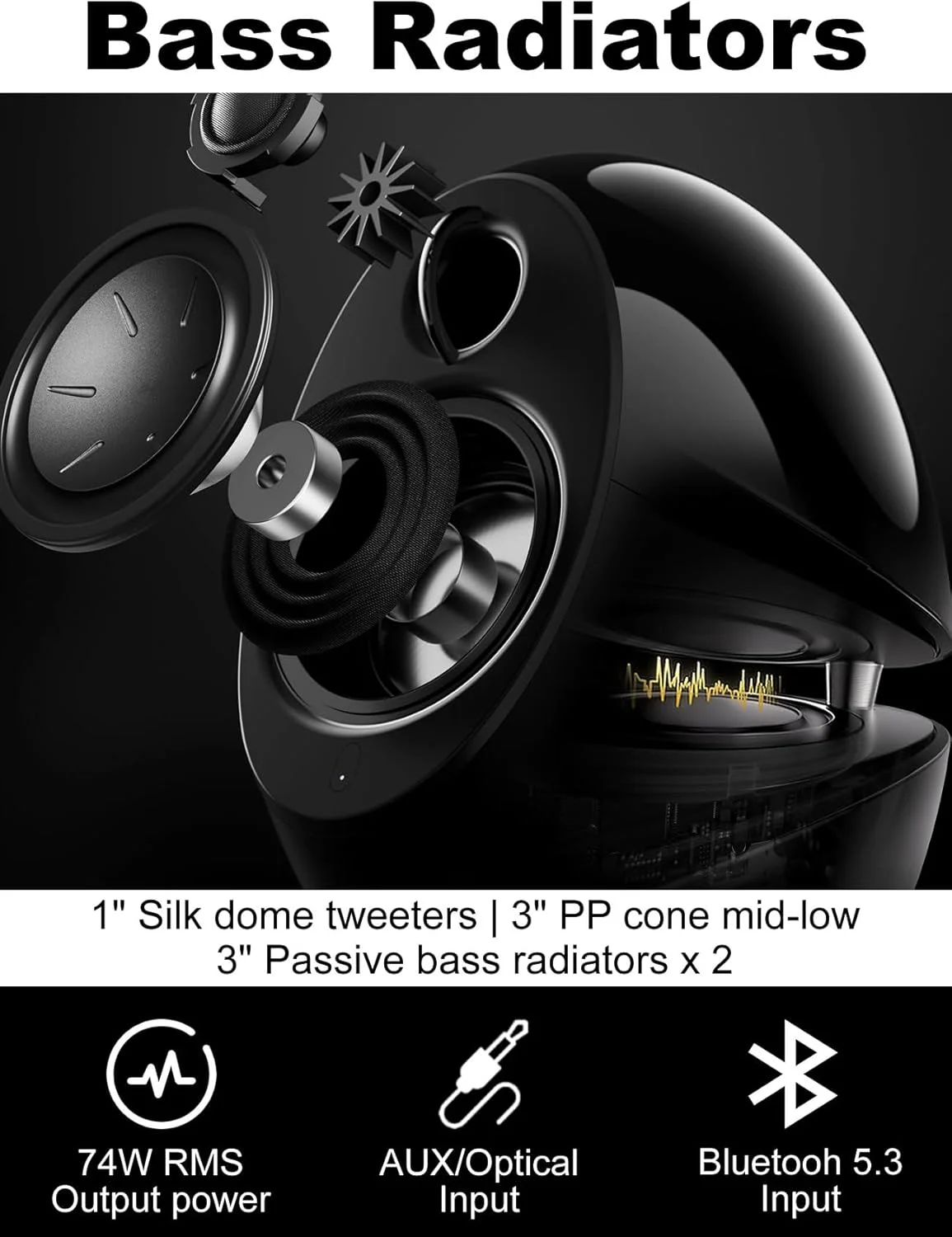 اسپیکرهای کامپیوتر Edifier e25HD با رادیاتورهای باس پسیو و بلوتوث 5.3 LDAC برای دسکتاپ - ورودی اپتیکال - اسپیکرهای قفسه کتاب Hi-Res با توان 74 وات با سیم 24 بیت/96 کیلوهرتز و بی سیم 990 کیلوبیت بر ثانیه مشکی