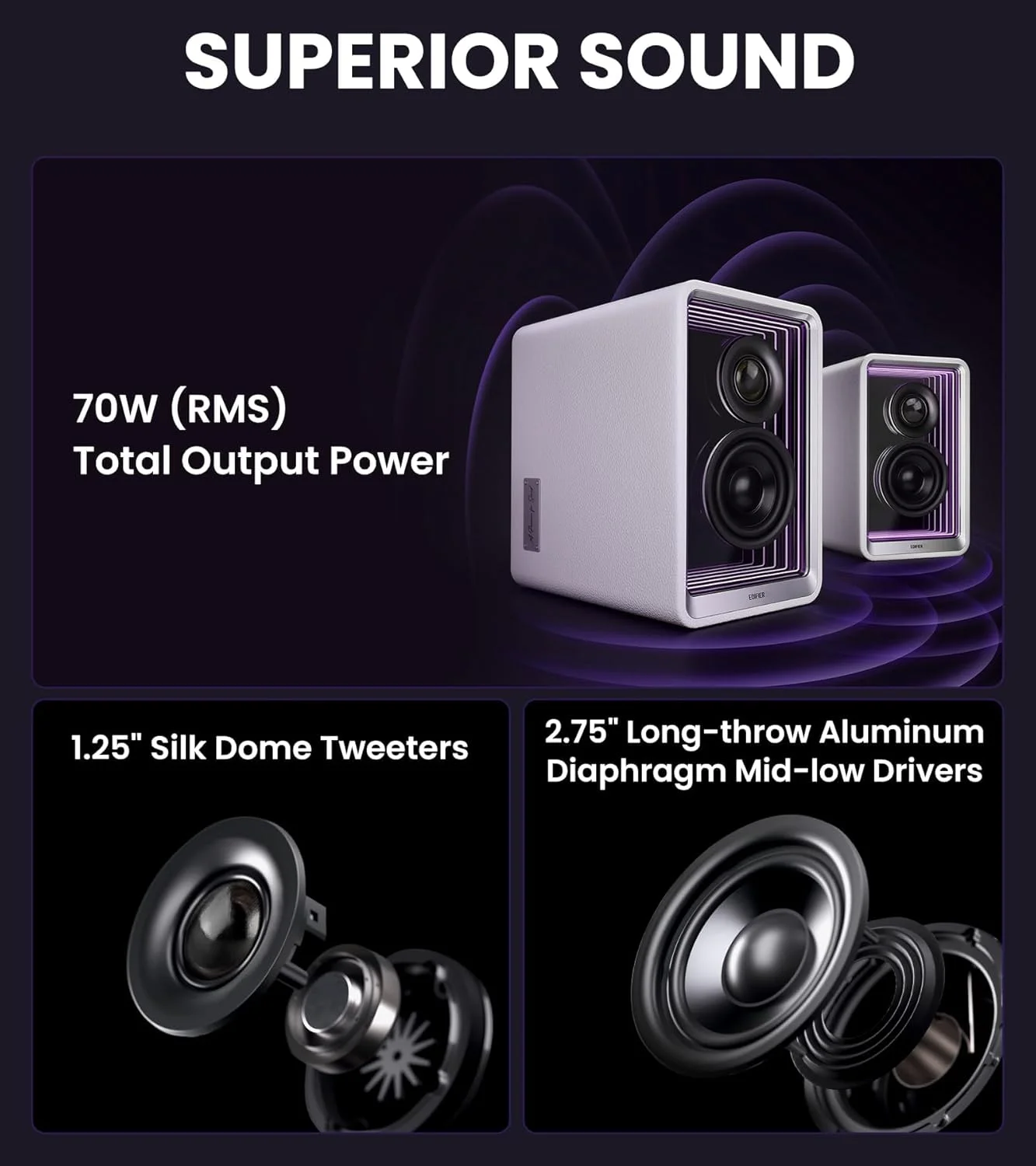 مانیتور اکتیو رومیزی Edifier QR65 با درایورهای میان رده آلومینیومی 2.75 اینچی، صدای Hi-Res، جلوه های نوری درخشان، توان خروجی 70 وات، بلندگوهای بلوتوثی با پایه - سفید