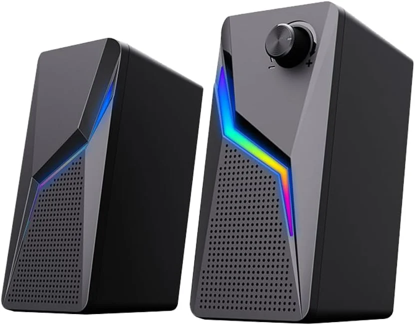 اسپیکر مینی کامپیوتر ارتقا یافته DRAYMAT، با تغذیه USB، واحد فول رنج 2.5 اینچی، حداکثر خروجی 10 وات، نورپردازی RGB، اسپیکر رومیزی جمع و جور با کنترل چرخشی، صدای فراگیر برای بازی/موسیقی (اندازه: 162x76 میلی متر)