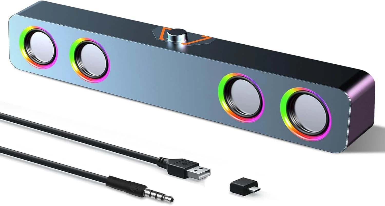 اسپیکر کامپیوتر الیماوی برای رایانه شخصی، اسپیکرهای 2.0 کاناله با نورپردازی ثابت RGB و کنترل صدا، دارای ورودی 3.5 میلی‌متری و تغذیه از طریق USB، سازگار با مانیتورها