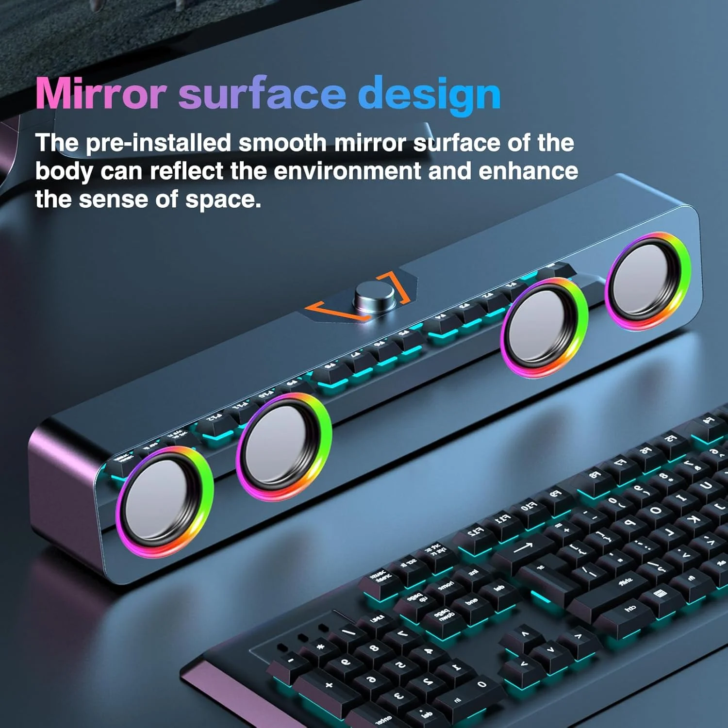 اسپیکر کامپیوتر الیماوی برای رایانه شخصی، اسپیکرهای 2.0 کاناله با نورپردازی ثابت RGB و کنترل صدا، دارای ورودی 3.5 میلی‌متری و تغذیه از طریق USB، سازگار با مانیتورها