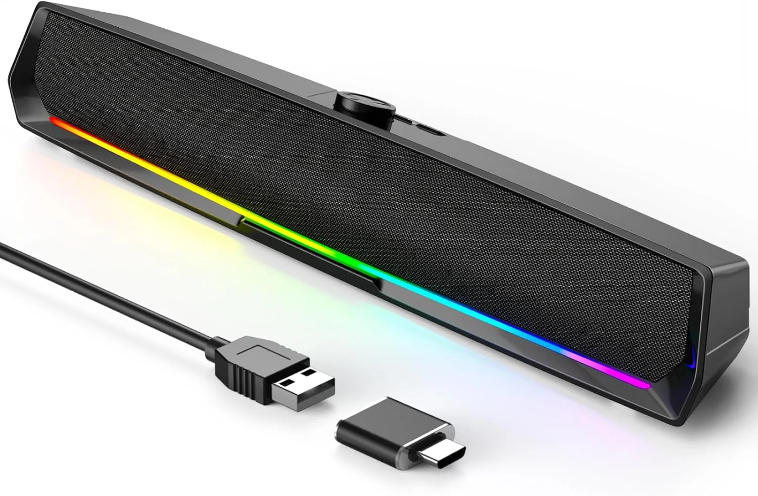 اسپیکر کامپیوتر برای دسکتاپ، اسپیکر های گیمینگ PC ساندبار با نور رنگارنگ، اسپیکر USB با بلوتوث برای مانیتور کامپیوتر لپ تاپ تبلت، اسپیکر بلوتوث سیمی برای تلفن (آداپتور Type-C گنجانده شده است)