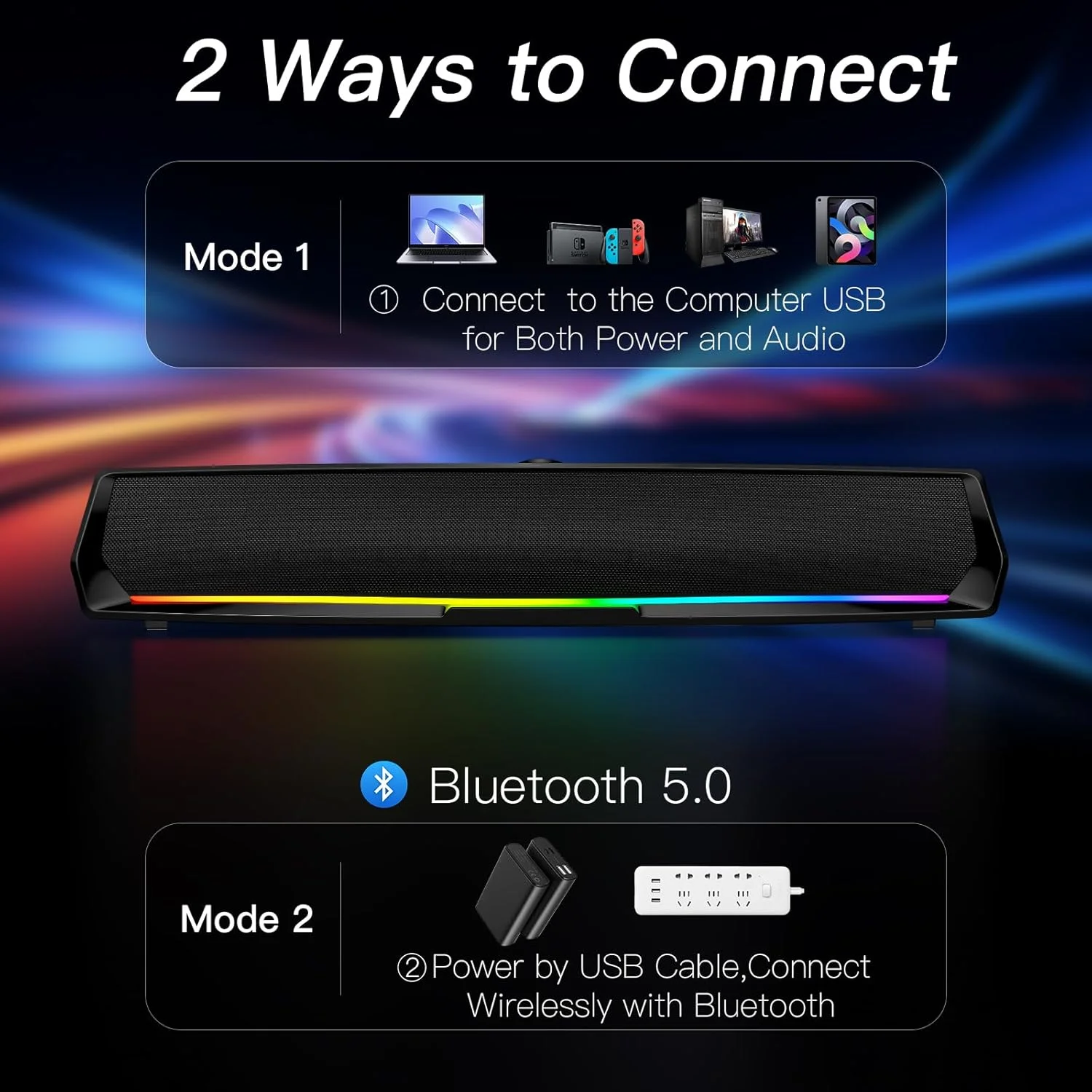 اسپیکر کامپیوتر برای دسکتاپ، اسپیکر های گیمینگ PC ساندبار با نور رنگارنگ، اسپیکر USB با بلوتوث برای مانیتور کامپیوتر لپ تاپ تبلت، اسپیکر بلوتوث سیمی برای تلفن (آداپتور Type-C گنجانده شده است)