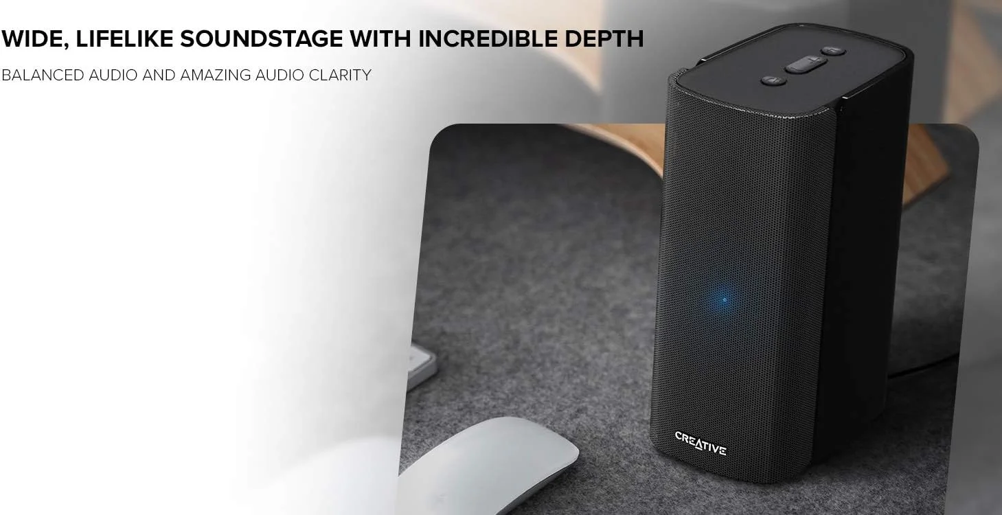 اسپیکرهای دسکتاپ Hi-Fi جمع و جور Creative T100 2.0، توان اوج تا 80 وات با بلوتوث 5.0، ورودی اپتیکال، ورودی AUX، استیج صدای گسترده و وضوح صدا با کنترل باس برای کامپیوترها و لپ‌تاپ‌ها (مشکی)