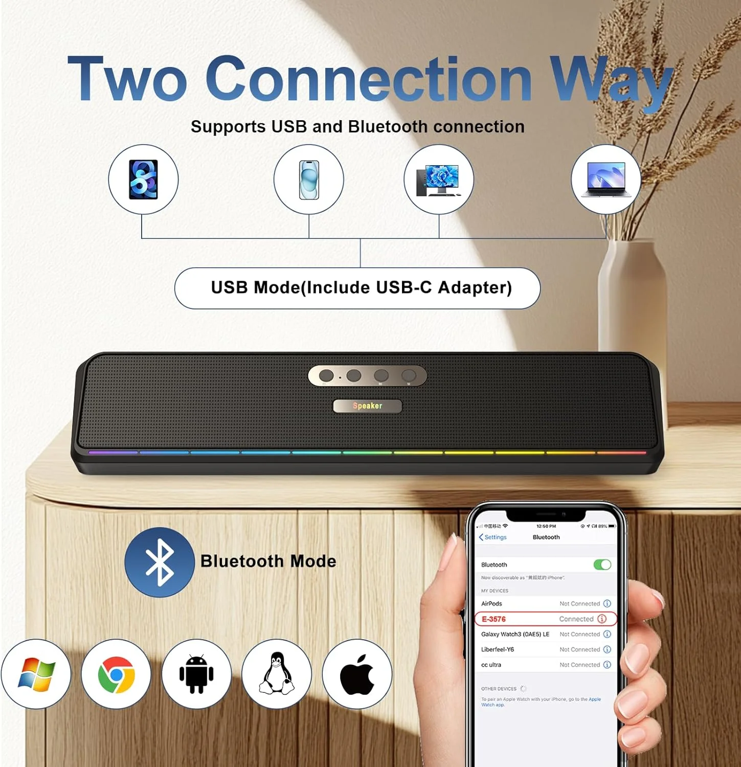 اسپیکر کامپیوتر برای دسکتاپ، لپ تاپ، تبلت، اسپیکر ساندبار مینی USB سیمی با صدای استریو، دیافراگم های ارتعاشی، LED روان، اسپیکرهای Plug-n-Play PC، ساندبار کامپیوتر، ورودی بلوتوث و USB