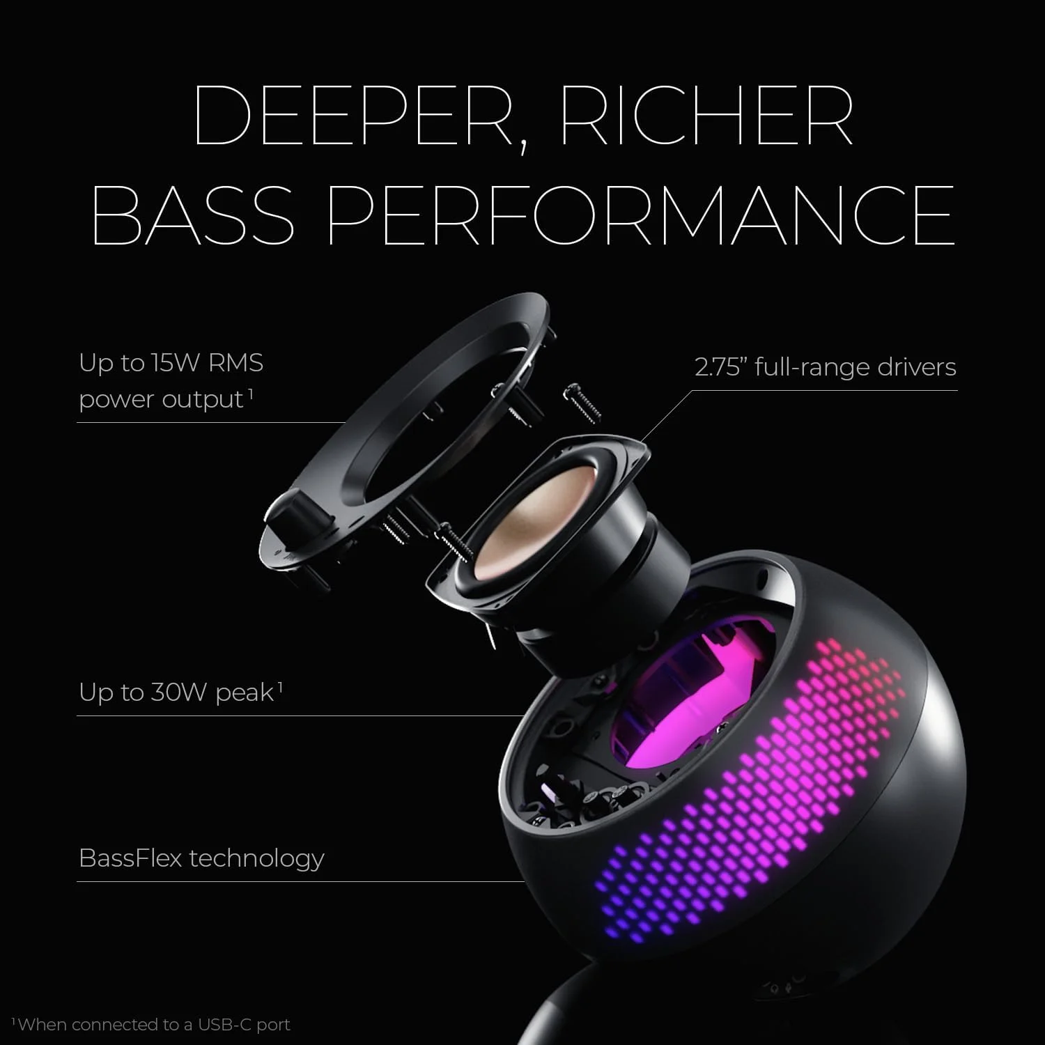 اسپیکر کامپیوتر 2.1 USB-C کریتیو Pebble X Plus با ساب ووفر و نورپردازی RGB قابل تنظیم، بلوتوث 5.3، صدای USB، توان RMS تا 15 وات برای PC و Mac