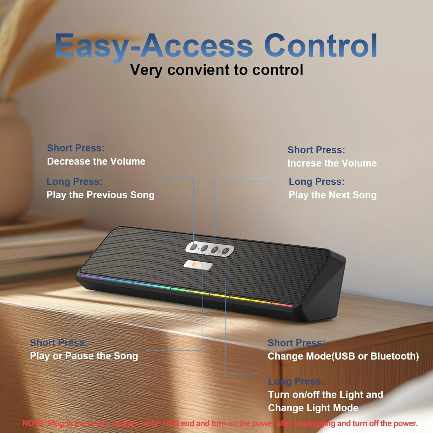 اسپیکر کامپیوتر رومیزی برای لپ تاپ تبلت، اسپیکر ساندبار مینی USB سیمی با صدای استریو، دیافراگم های ارتعاشی، LED روان، اسپیکر های کامپیوتر Plug-n-Play، ساندبار کامپیوتر، ورودی بلوتوث و USB