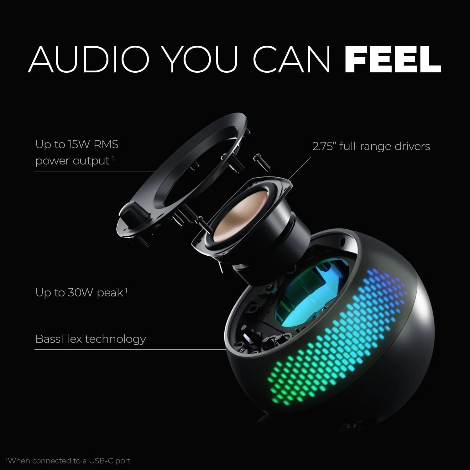 اسپیکر کامپیوتر Creative Pebble X 2.0 USB-C با نورپردازی RGB قابل تنظیم، بلوتوث 5.3، صدای USB، توان RMS تا 15 وات برای PC و Mac