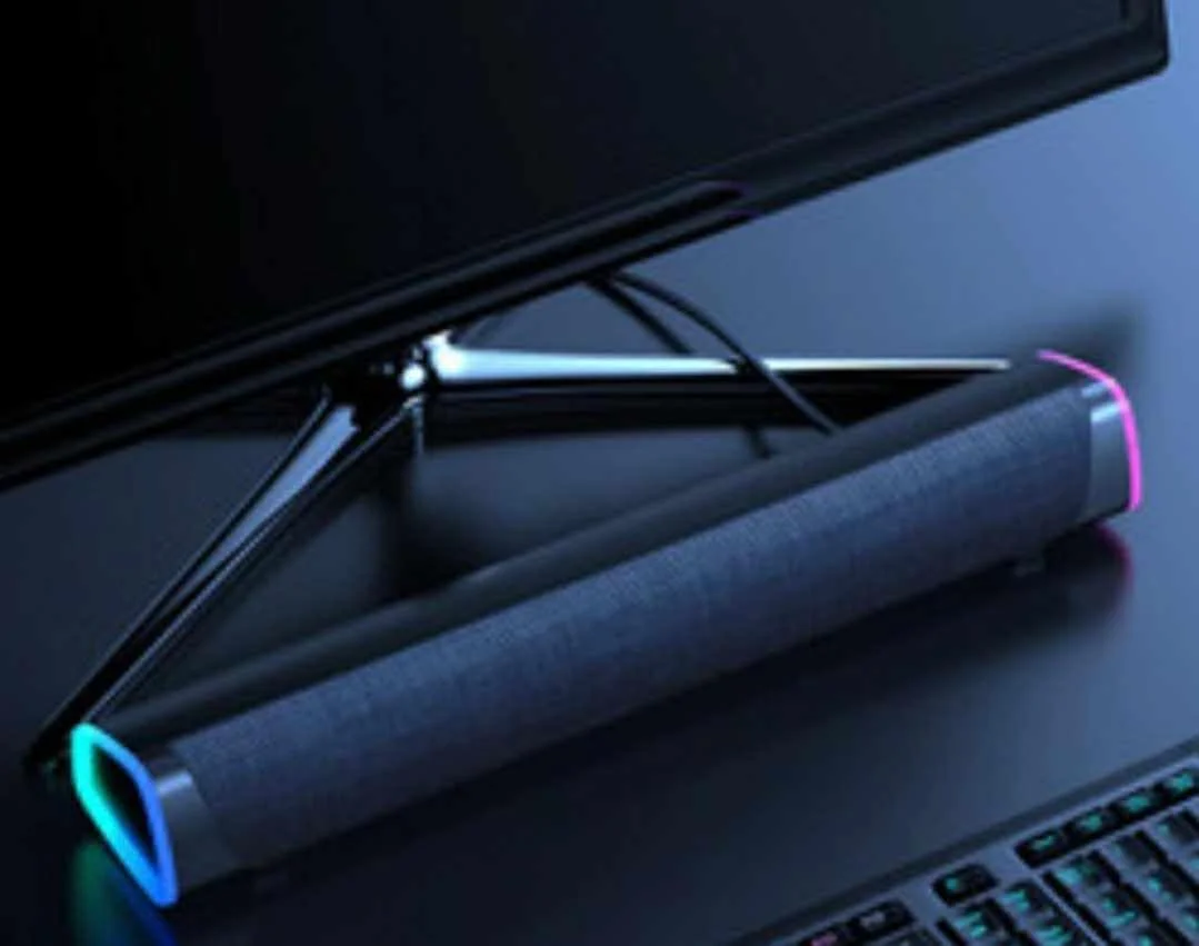 اسپیکر کامپیوتر، ساندبار سیم دار USB با بلوتوث V5.3، نورهای RGB رنگارنگ با دکمه سوئیچ، ساندبار کامپیوتر قابل حمل با صدای فراگیر برای لپ تاپ و تلفن (مشکی)