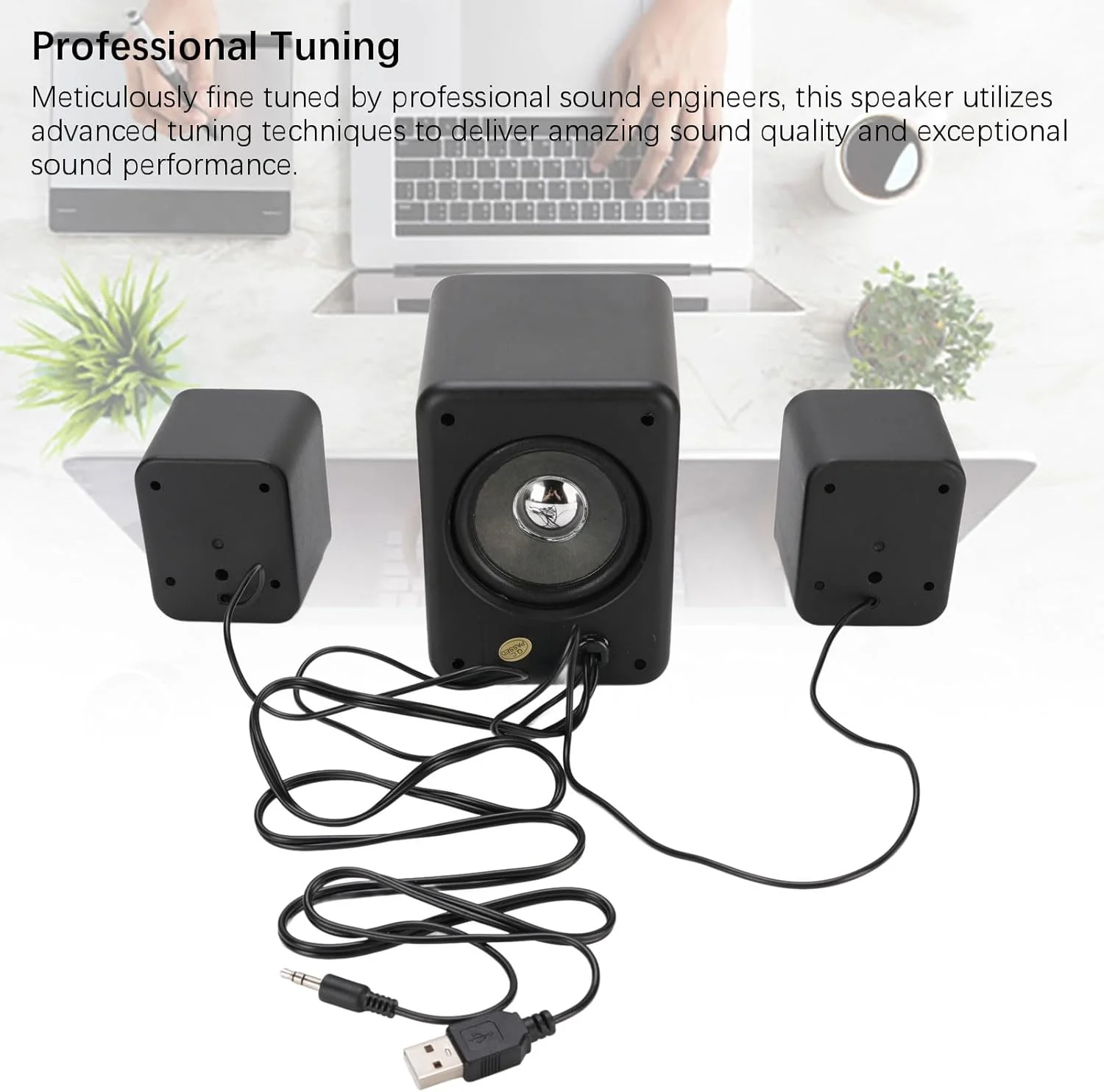 اسپیکر کامپیوتر با تغذیه USB با صدای فراگیر 360 درجه و دیافراگم باس برای بازی، چند رسانه ای، کامپیوتر، لپ تاپ و تلفن هوشمند