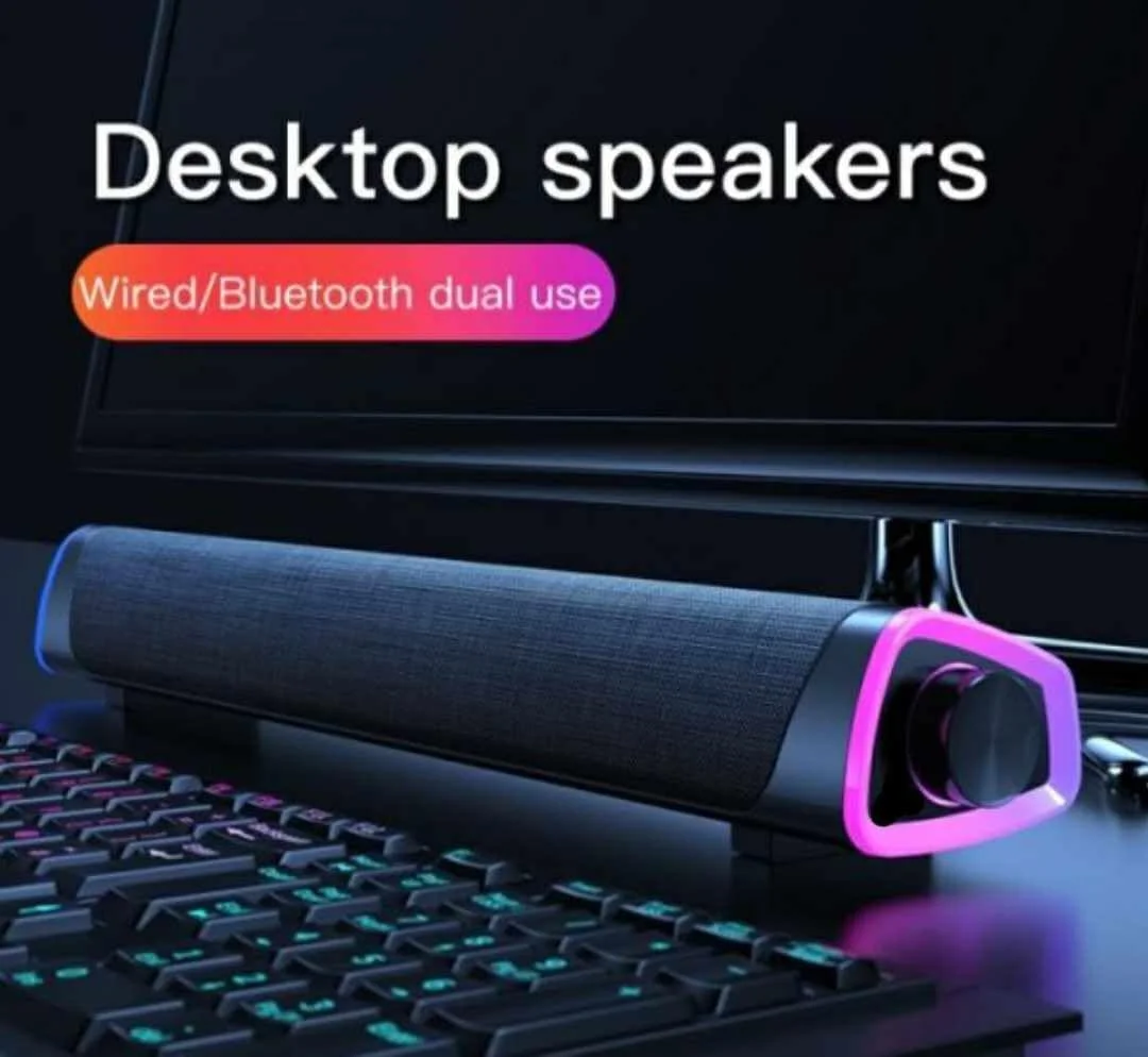 اسپیکر کامپیوتر، ساندبار سیم دار USB با بلوتوث V5.3، نورهای RGB رنگارنگ با دکمه سوئیچ، ساندبار کامپیوتر قابل حمل با صدای فراگیر برای لپ تاپ و تلفن (مشکی)
