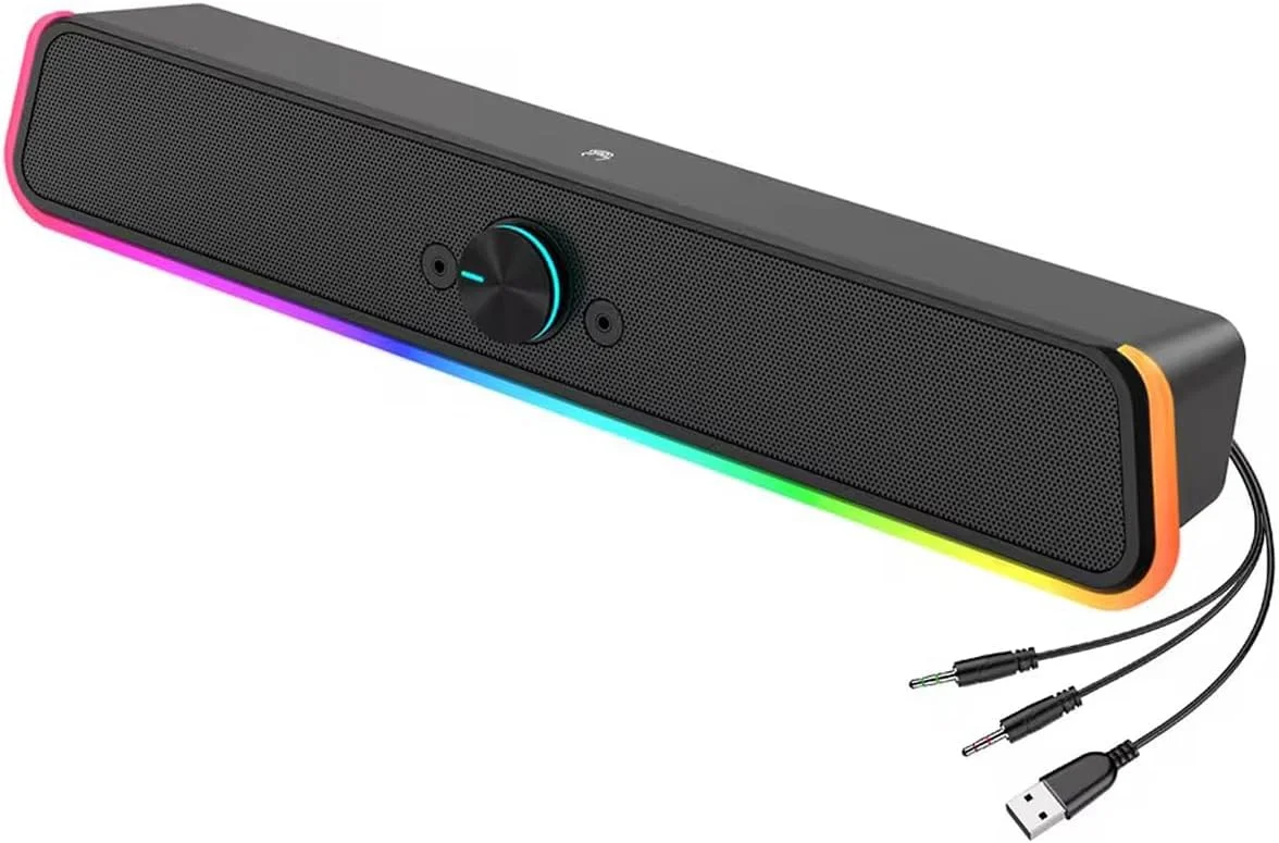 اسپیکر کامپیوتر - ساندبار کامپیوتر USB با سیم با RGB و دکمه تنظیم صدا، اسپیکر ساندبار گیمینگ استریو HiFi قابل حمل برای مانیتور دسکتاپ، کامپیوتر، لپ تاپ، تبلت، مک ایر/پرو