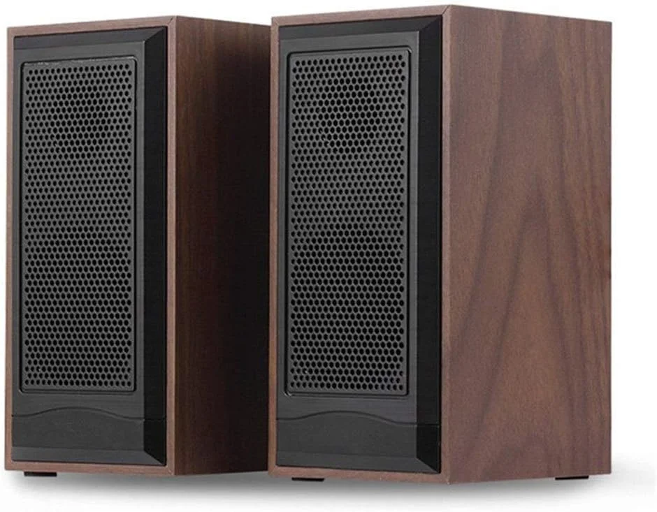 اسپیکر کامپیوتر چوبی HANZALA، بدنه چوبی طبیعی، اسپیکر رومیزی با تغذیه USB، بلندگوهای چند رسانه ای چوبی برای لپ تاپ (قهوه ای)