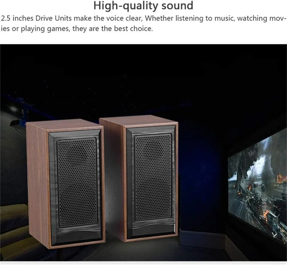 اسپیکر کامپیوتر چوبی HANZALA، بدنه چوبی طبیعی، اسپیکر رومیزی با تغذیه USB، بلندگوهای چند رسانه ای چوبی برای لپ تاپ (قهوه ای)