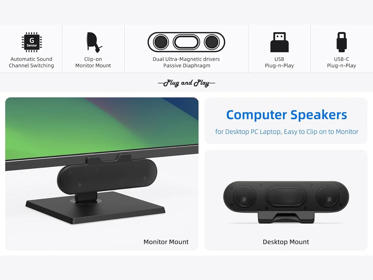 اسپیکر کامپیوتر برای مانیتور کامپیوتر رومیزی، اسپیکر خارجی برای لپ تاپ، دارای منبع تغذیه USB، قابلیت Plug-n-Play، سیمی، گیره دار، ساندبار کوچک کامپیوتر برای کامپیوتر، با صدای بلند، بیس غنی، G-Sensor، آداپتور USB-C