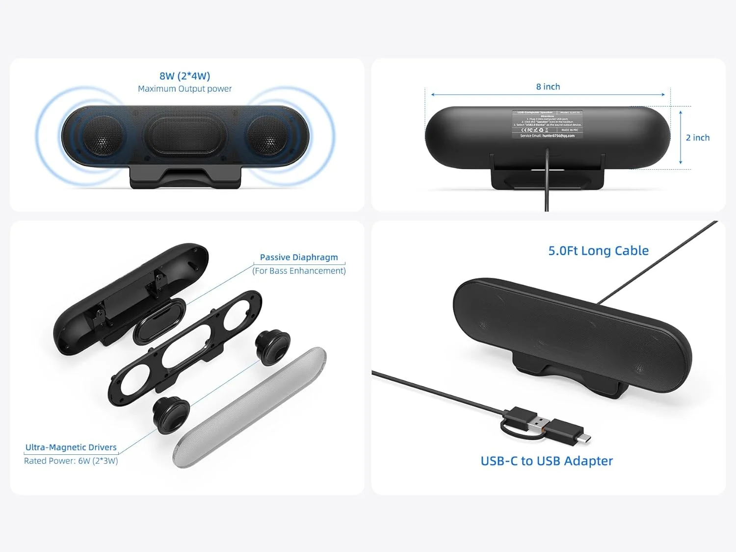 اسپیکر کامپیوتر برای مانیتور کامپیوتر رومیزی، اسپیکر خارجی برای لپ تاپ، دارای منبع تغذیه USB، قابلیت Plug-n-Play، سیمی، گیره دار، ساندبار کوچک کامپیوتر برای کامپیوتر، با صدای بلند، بیس غنی، G-Sensor، آداپتور USB-C
